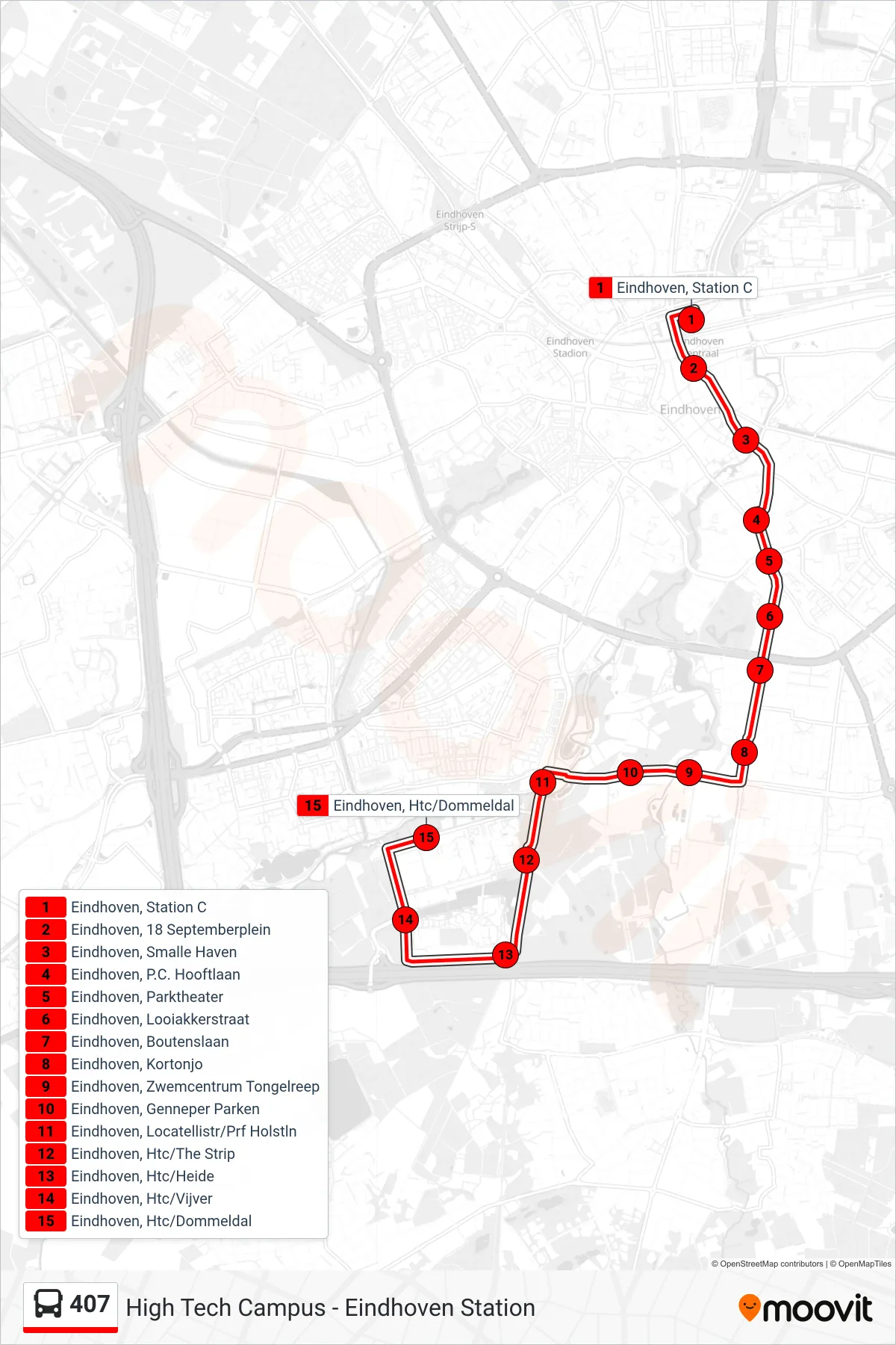 Lijn 407 (bus, High Tech Campus): route en haltes op de kaart