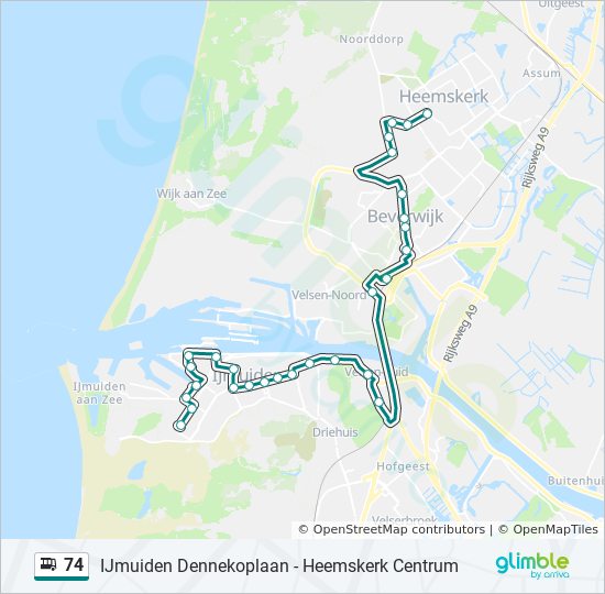 Dijk kleur het dossier 74 Route: dienstregelingen, haltes en kaarten - Ijmuiden Via Beverwijk Ns