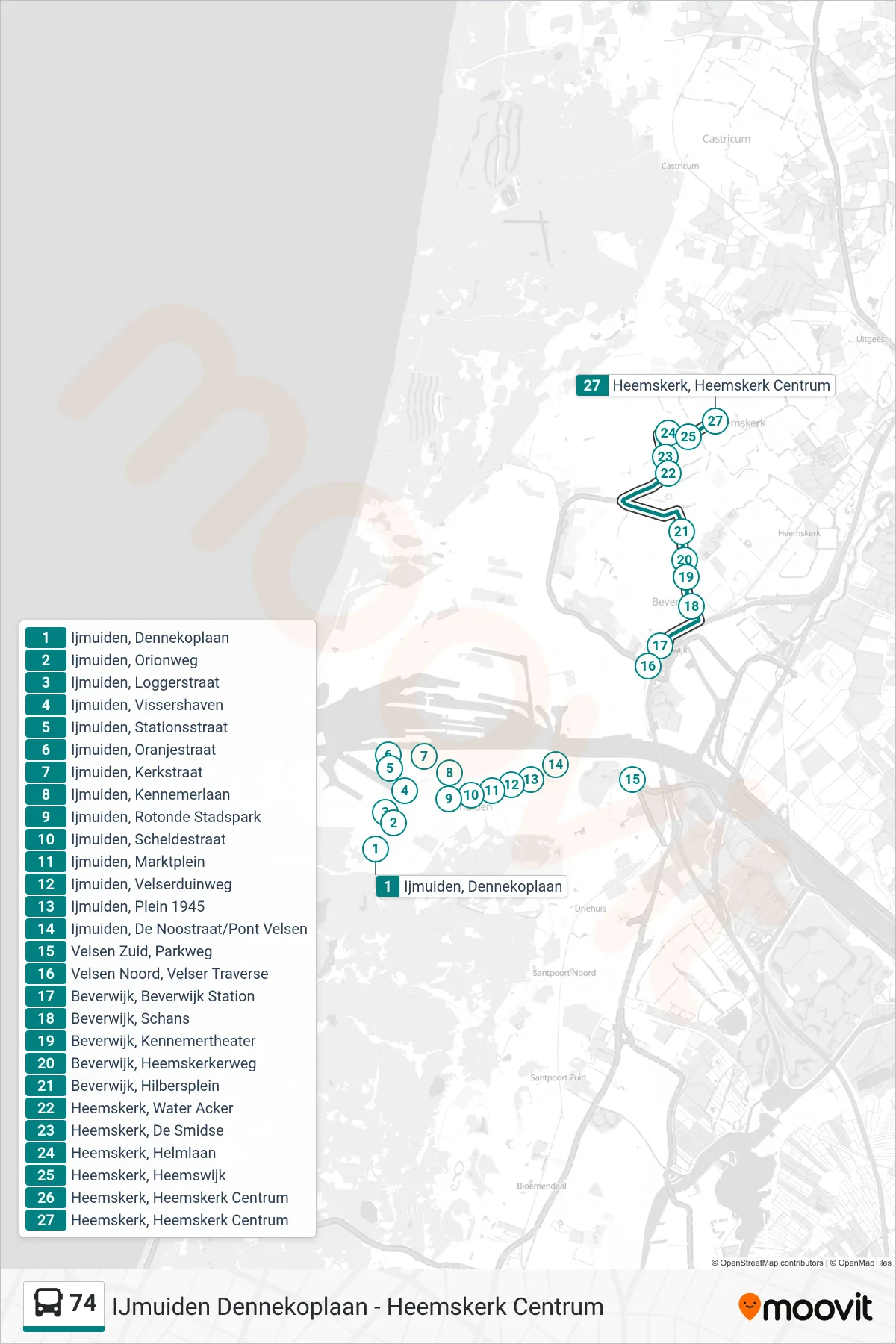 74 bus Line (Heemskerk Centrum) route and stops on a map