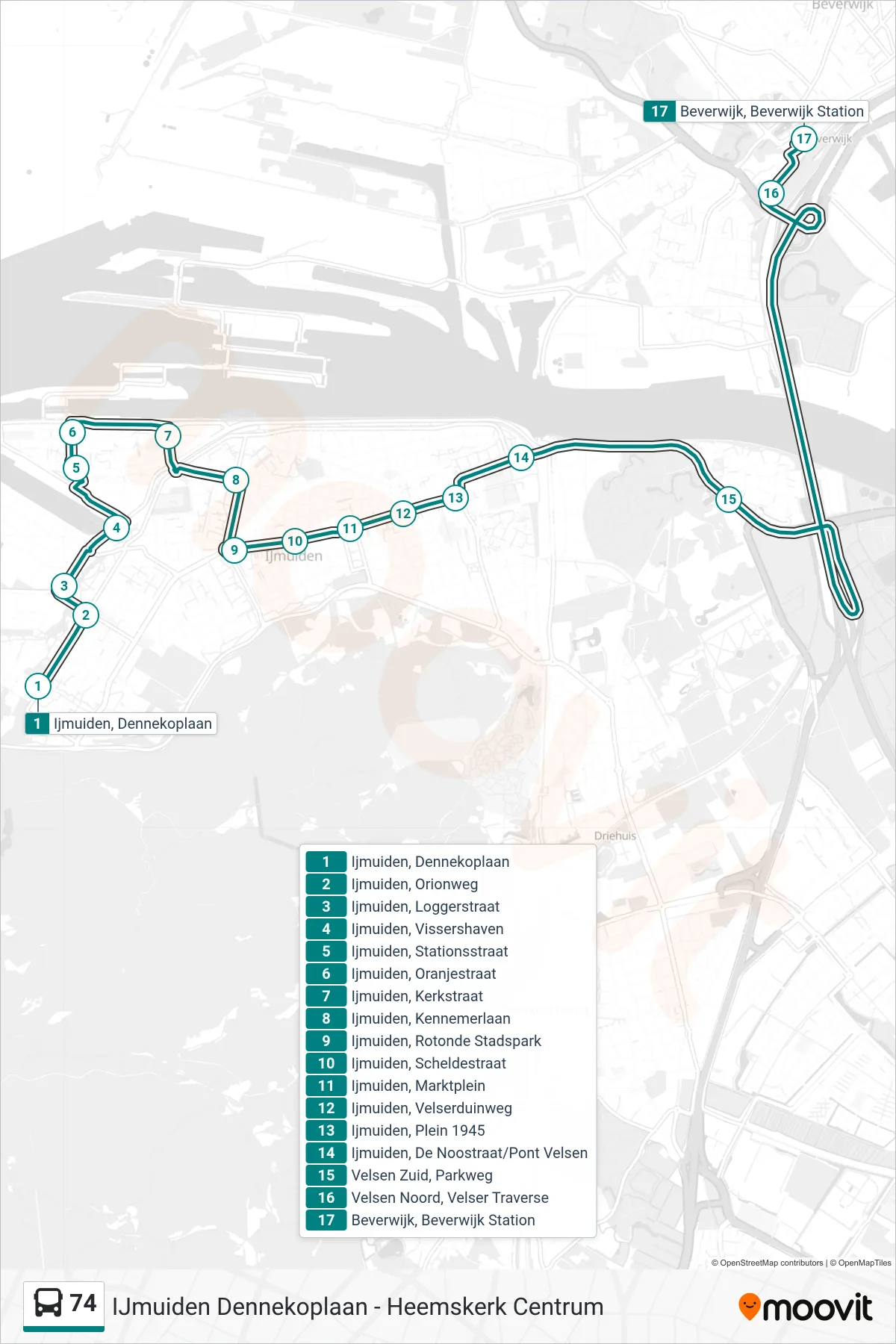 Lijn 74 (bus, Beverwijk Station): route en haltes op de kaart