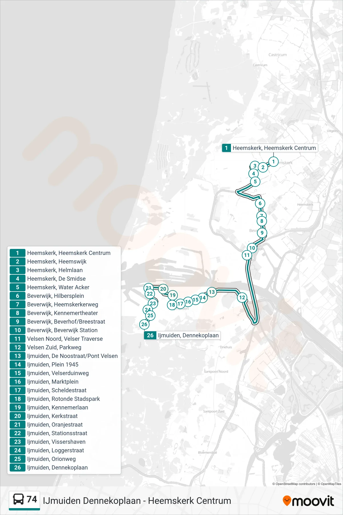 Lijn 74 (bus, Ijmuiden Dennekoplaan): route en haltes op de kaart
