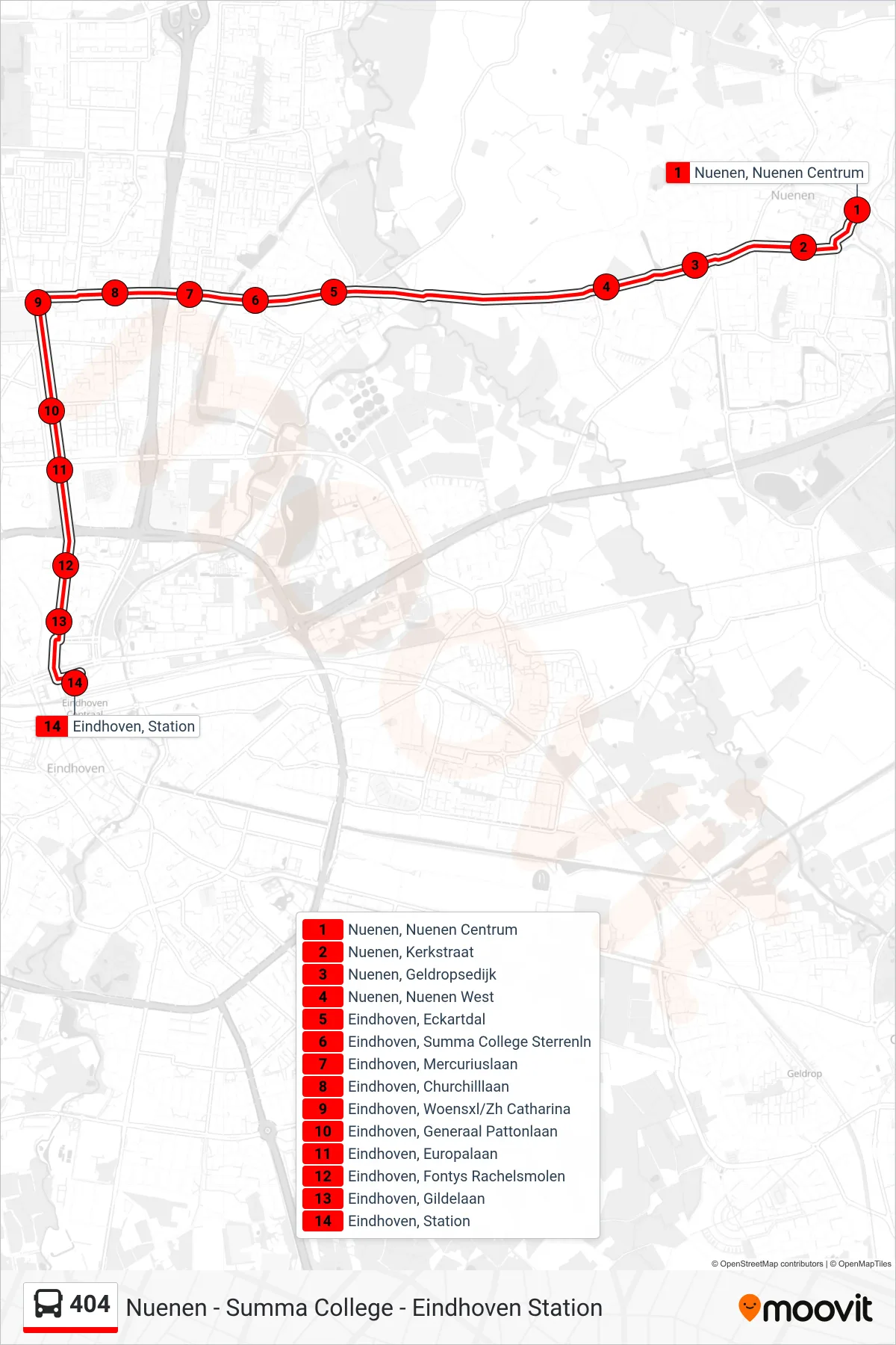Lijn 404 (bus, Eindhoven Station): route en haltes op de kaart