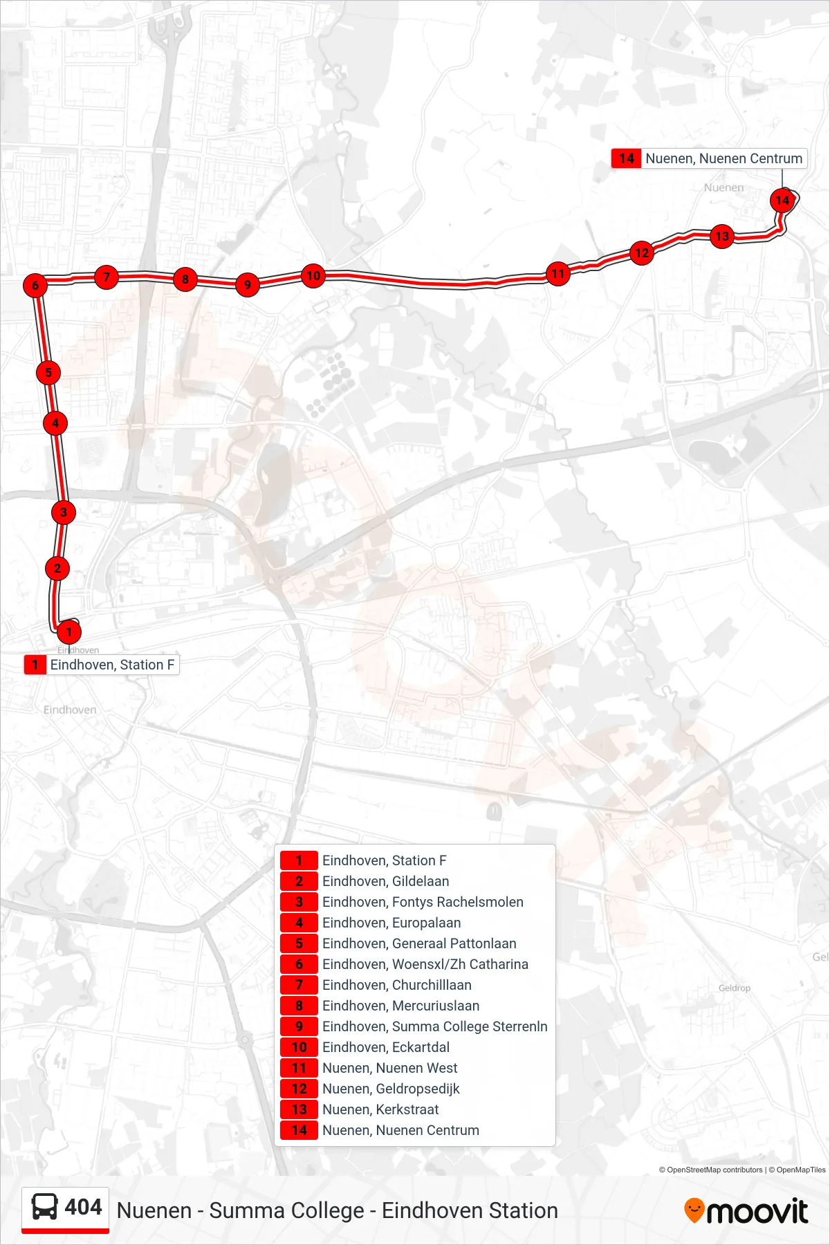 404 bus Line (Nuenen Centrum) route and stops on a map