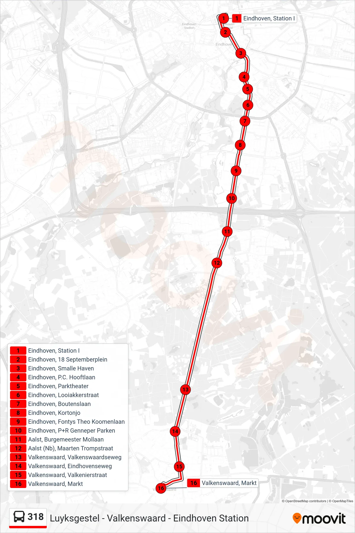 Lijn 318 (bus, Valkenswaard Markt): route en haltes op de kaart