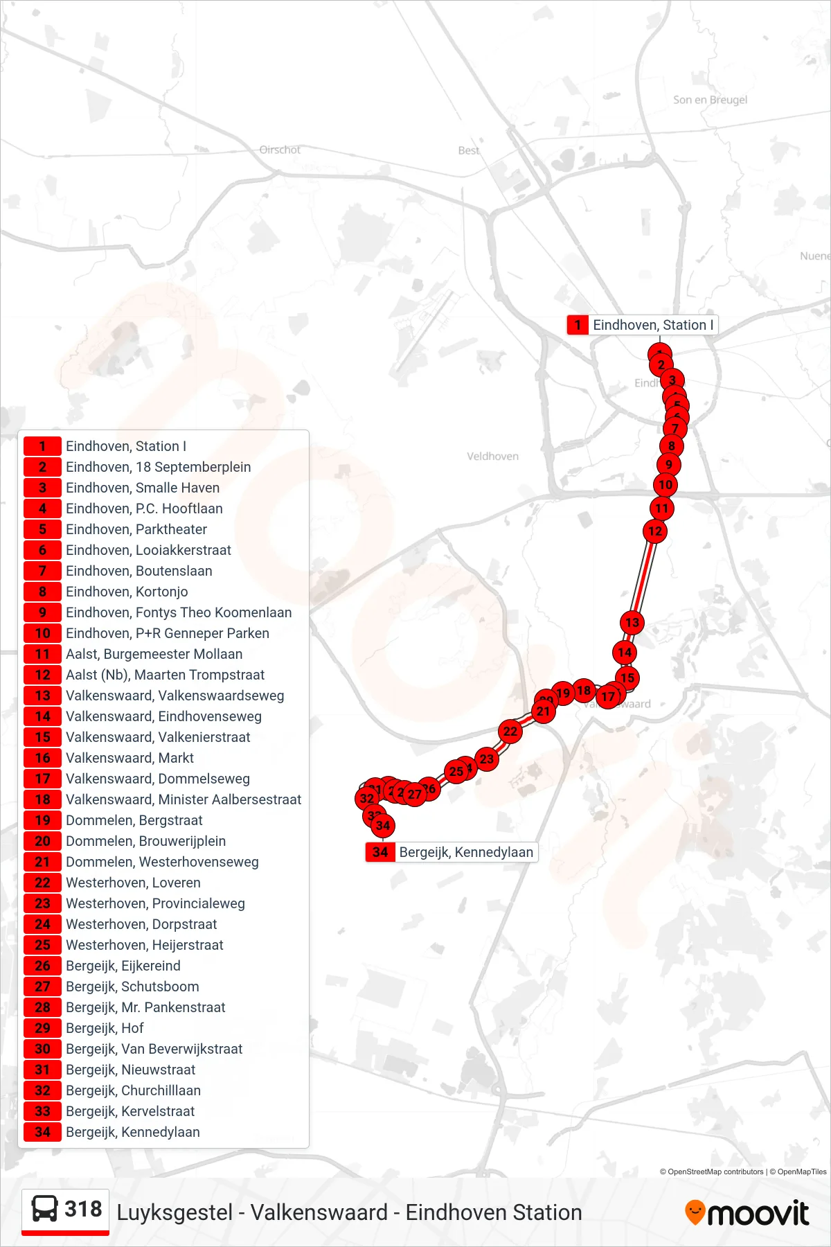 Lijn 318 (bus, Bergeijk Kennedylaan): route en haltes op de kaart