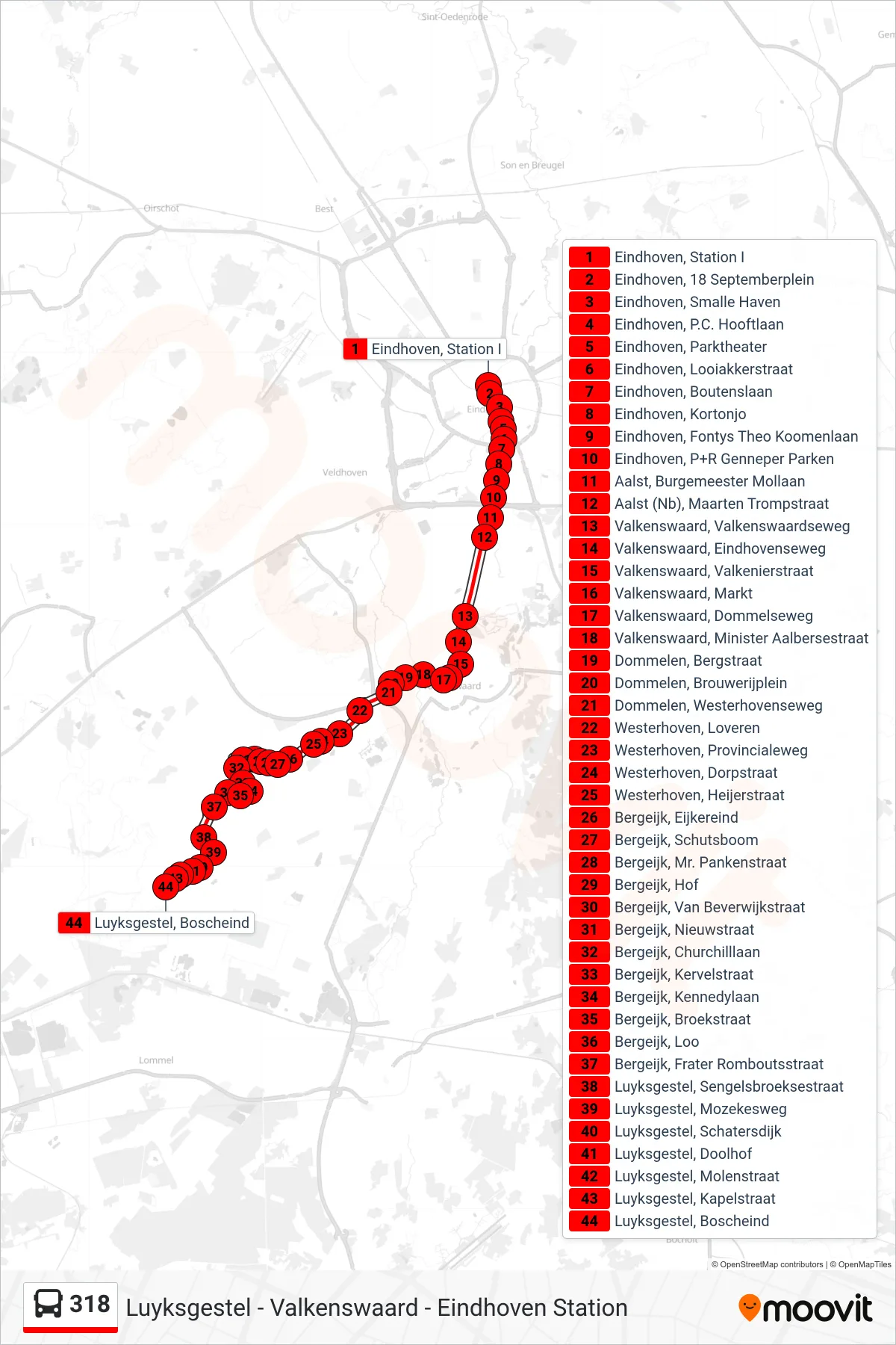 Lijn 318 (bus, Luyksgestel): route en haltes op de kaart