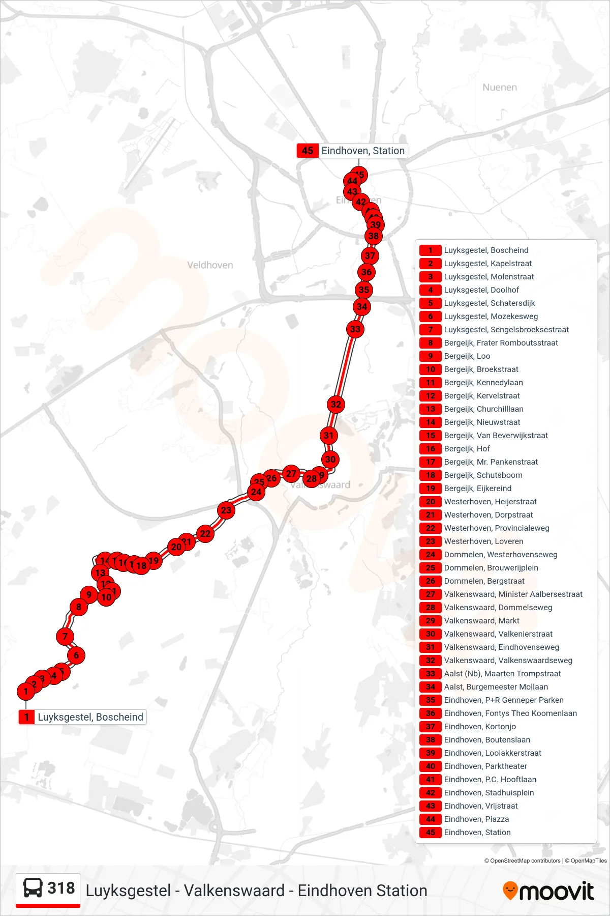 Lijn 318 (bus, Eindhoven Station): route en haltes op de kaart