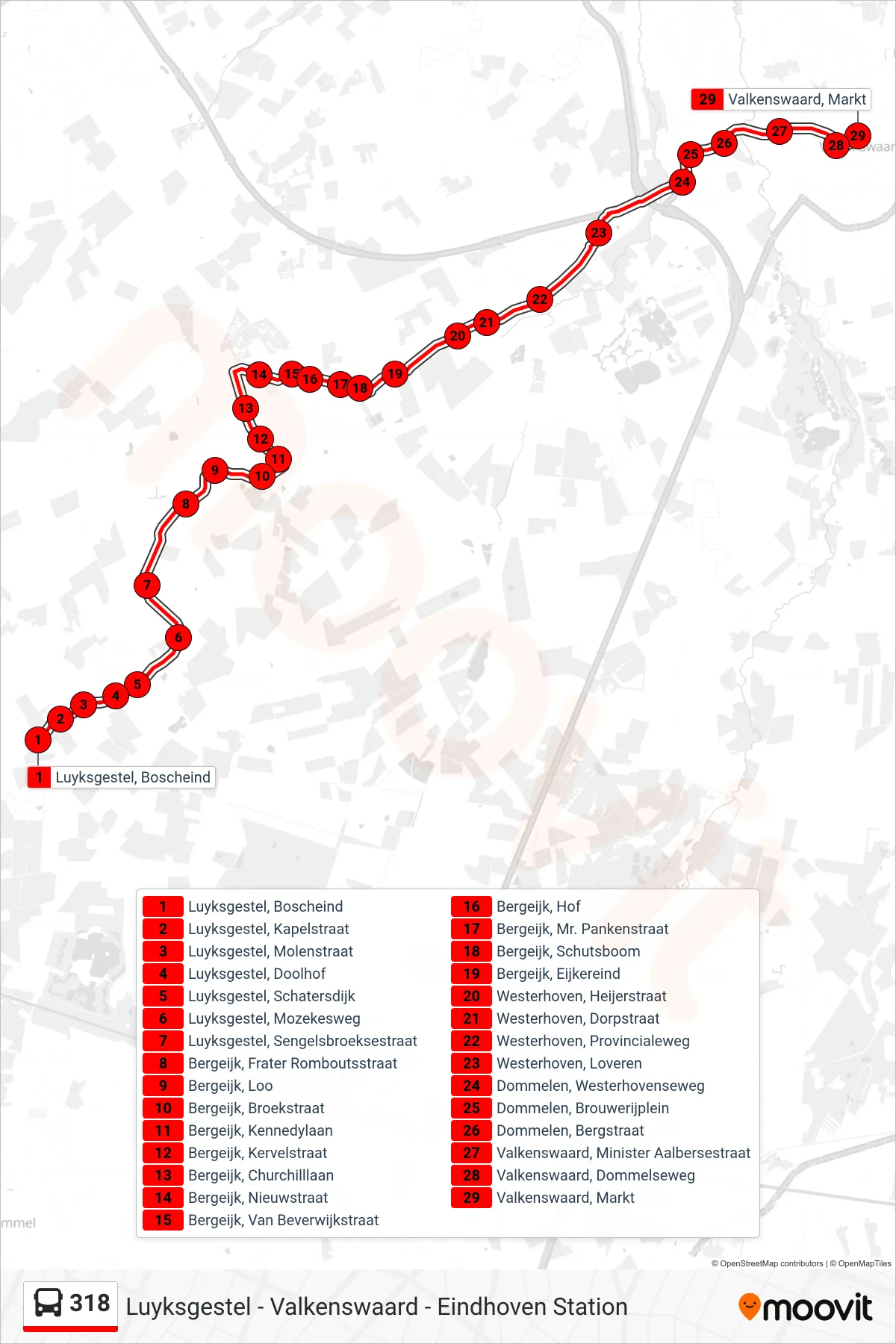 Lijn 318 (bus, Valkenswaard Markt): route en haltes op de kaart
