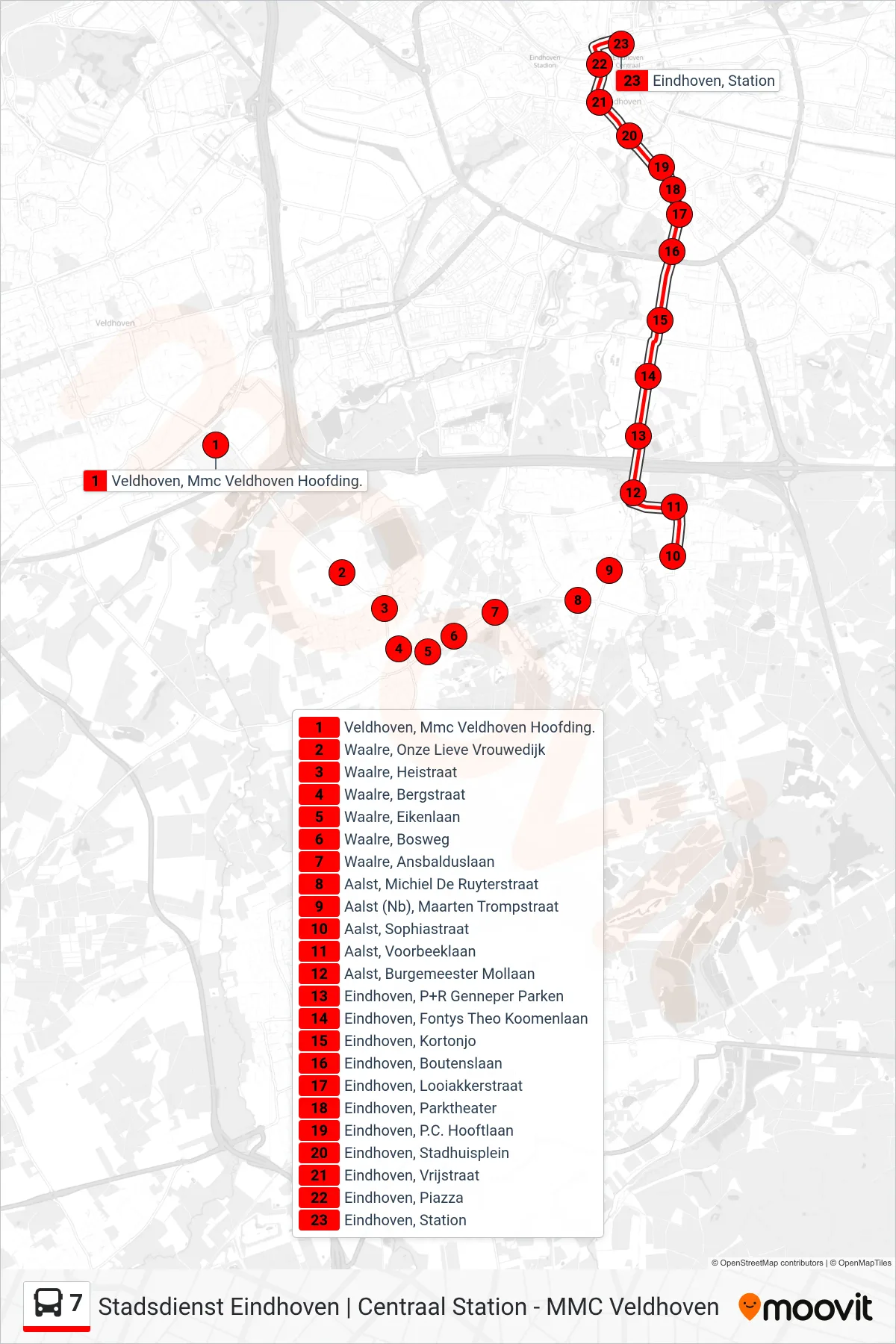 Lijn 7 (bus, Eindhoven Station): route en haltes op de kaart
