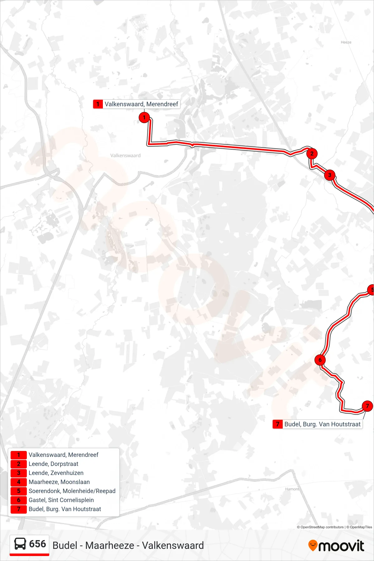 Lijn 656 (bus, Budel Burg. Van Houtstraat): route en haltes op de kaart