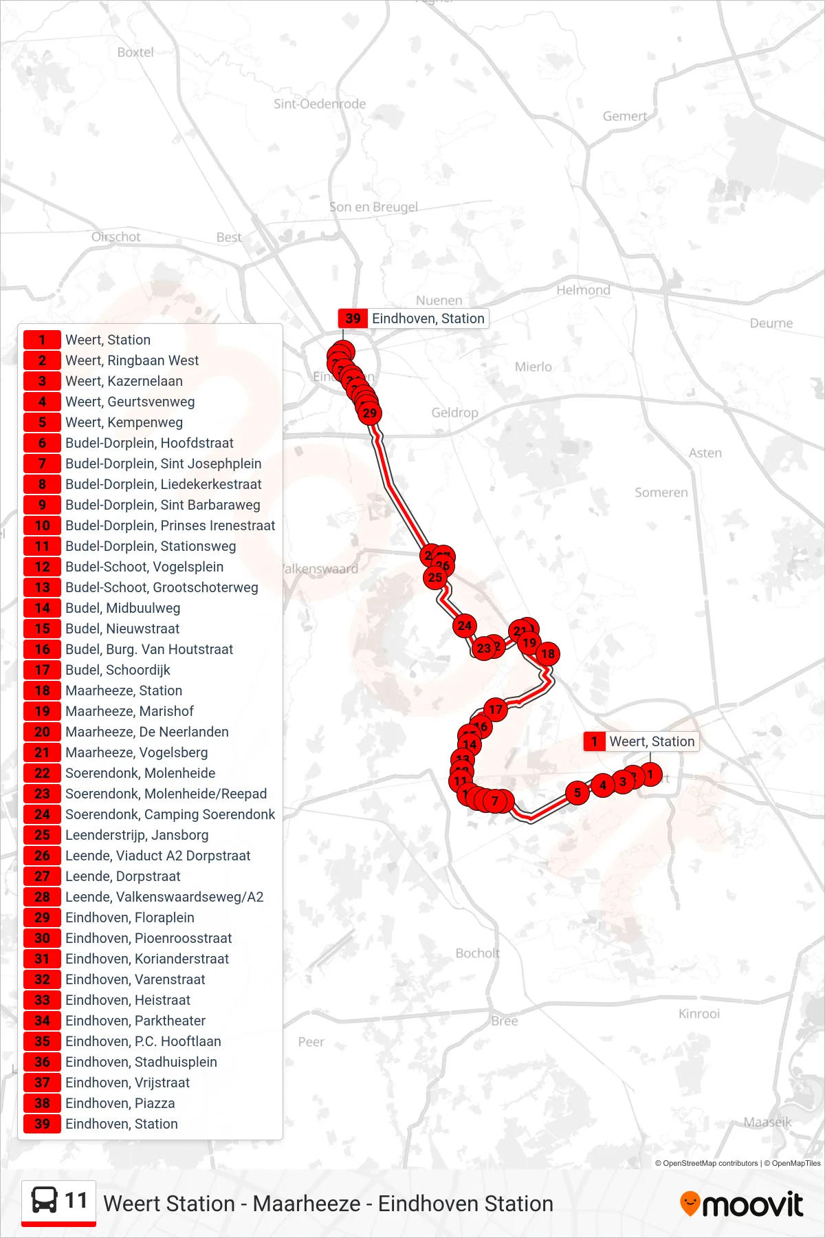 Lijn 11 (bus, Eindhoven Station): route en haltes op de kaart
