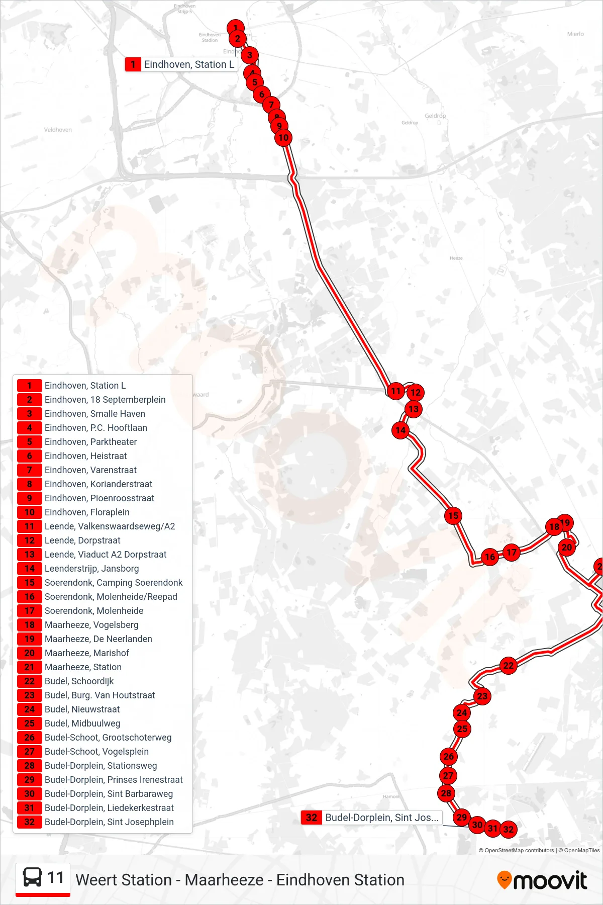 11 bus Line (Budel-Dorplein) route and stops on a map