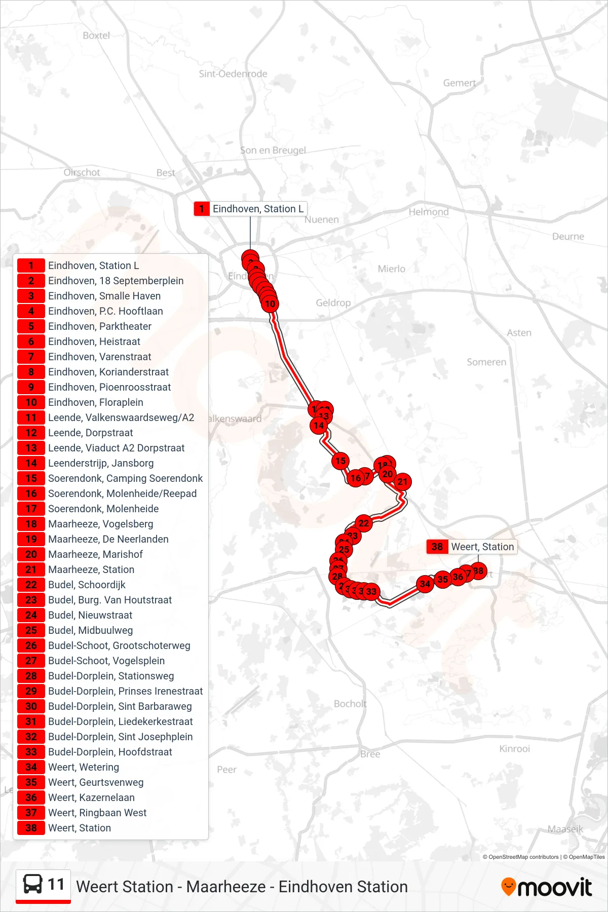 Lijn 11 (bus, Weert Station): route en haltes op de kaart