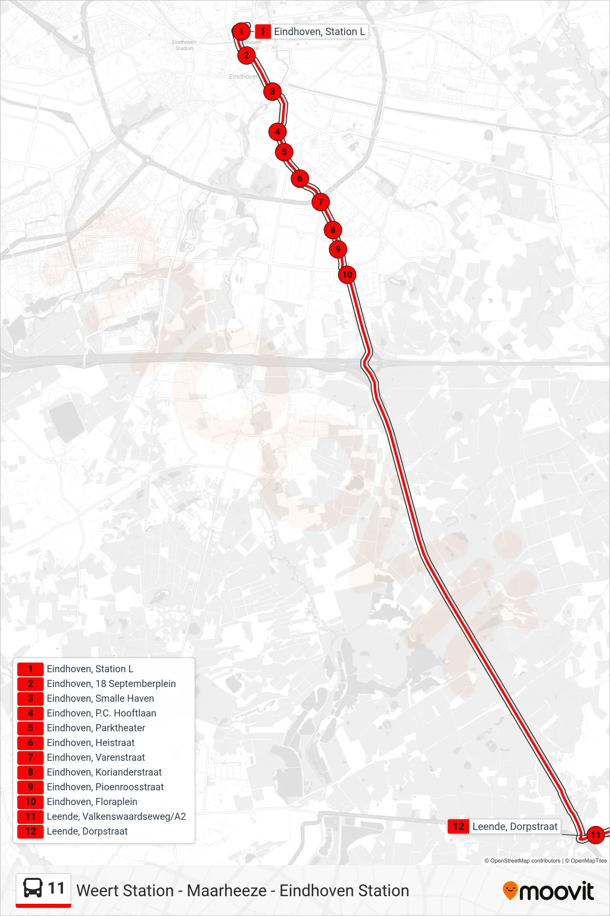 Lijn 11 (bus, Leende): route en haltes op de kaart