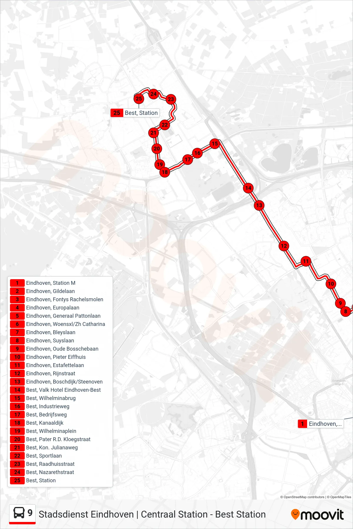 Linie 9 (Bus) Richtung Best Station: Route und Haltestellen auf der Karte