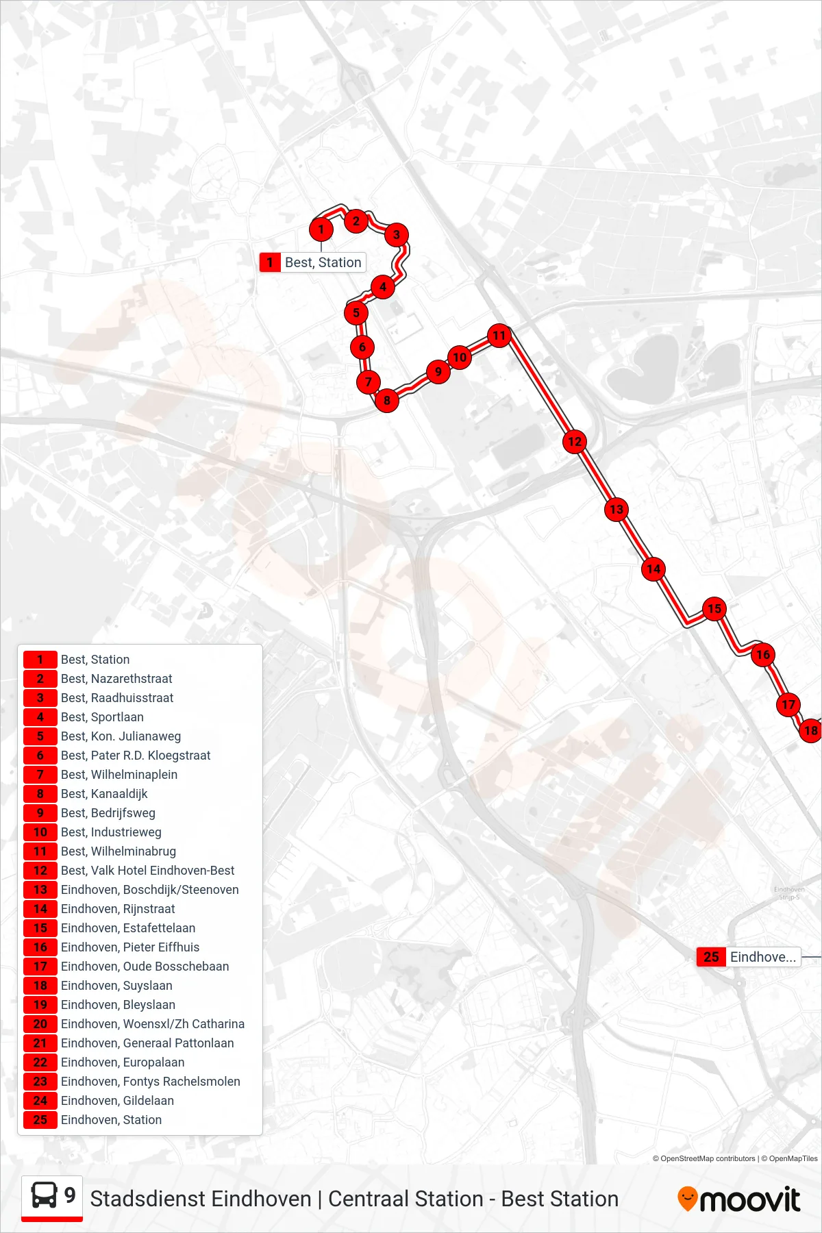 Lijn 9 (bus, Eindhoven Station): route en haltes op de kaart
