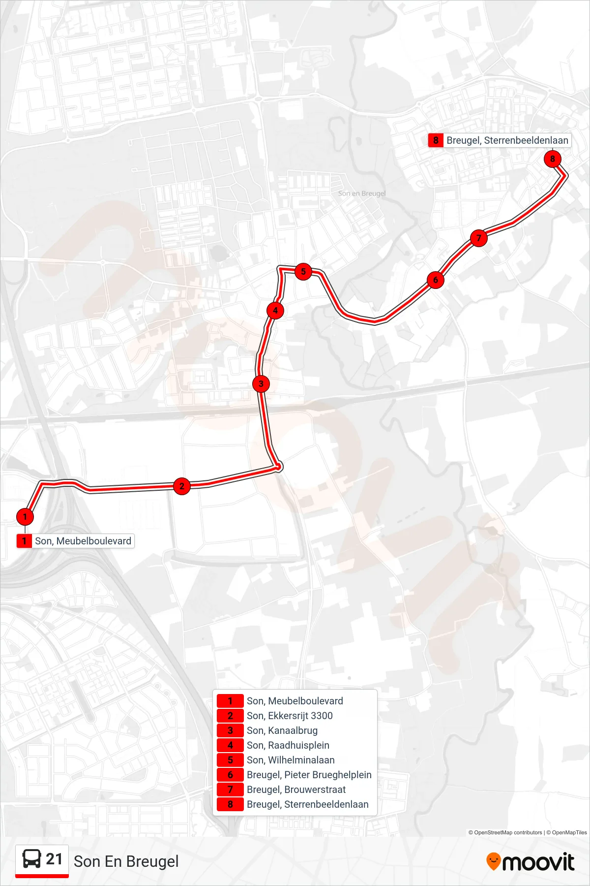 Lijn 21 (bus, Son En Breugel): route en haltes op de kaart