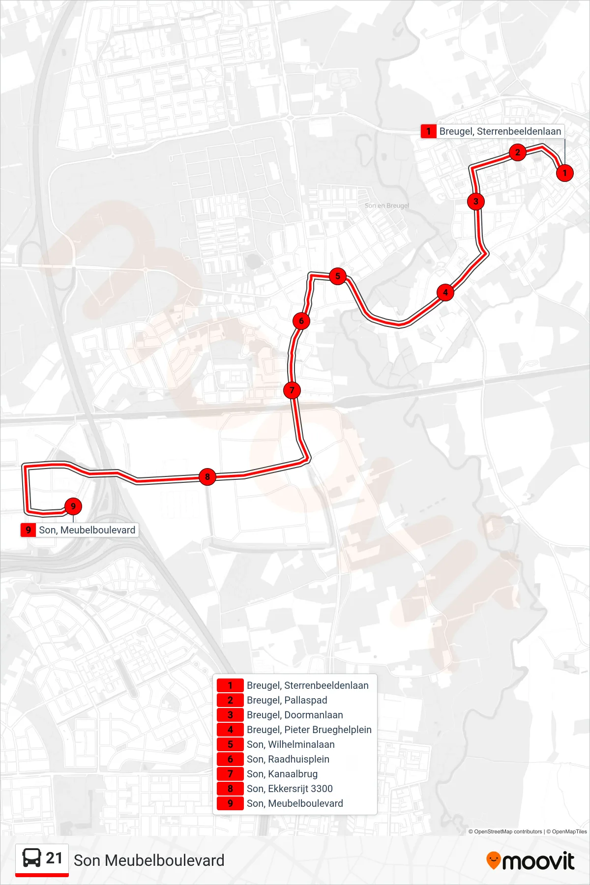21 bus Line (Son Meubelboulevard) route and stops on a map