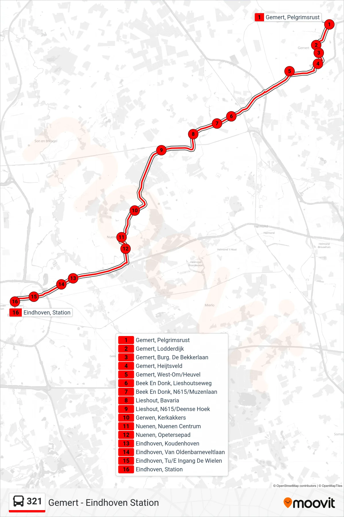 321 bus Line (Eindhoven Station) route and stops on a map
