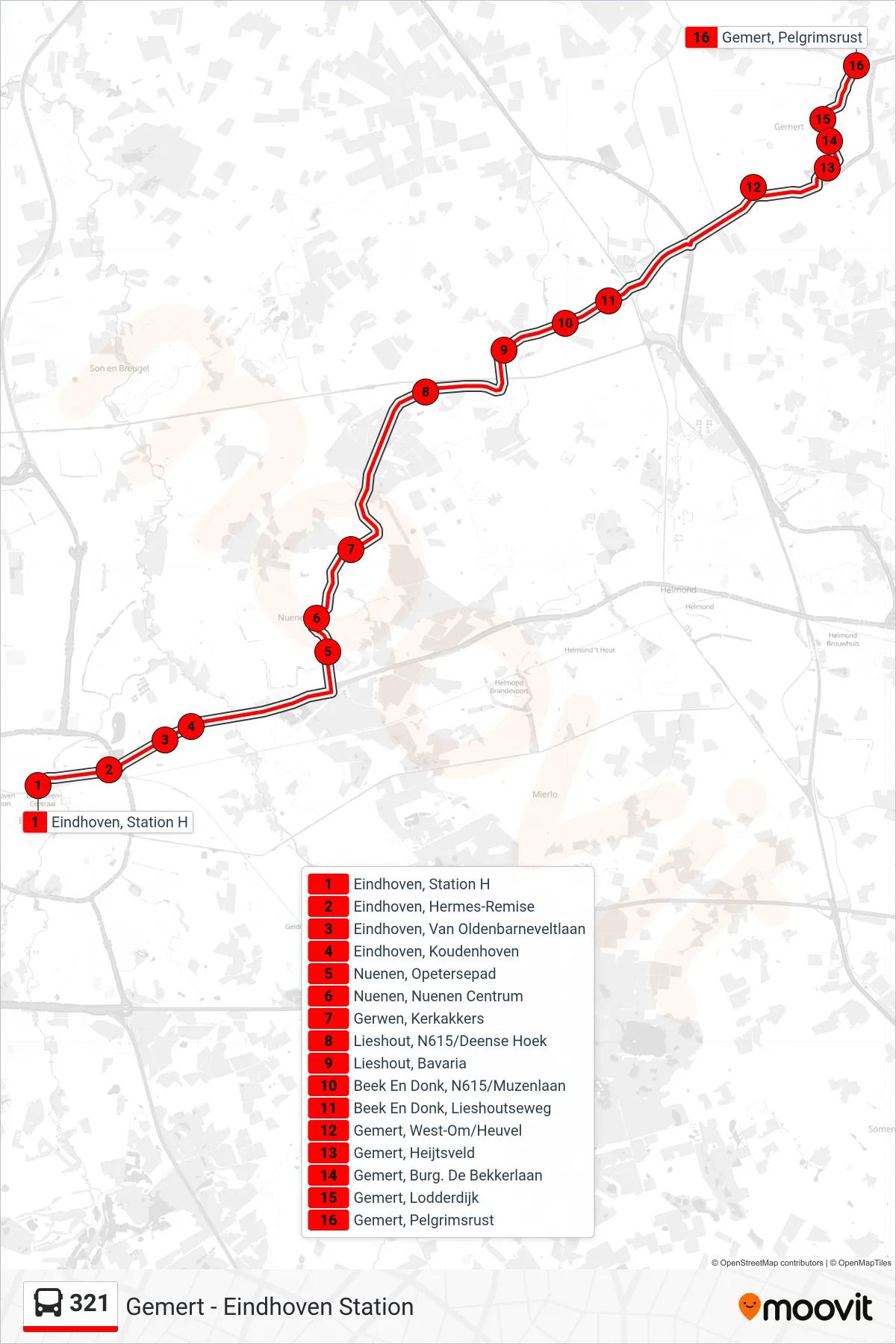 Lijn 321 (bus, Gemert Pelgrimsrust): route en haltes op de kaart
