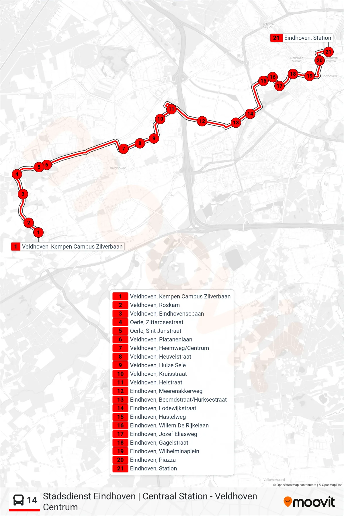 Linie 14 (Bus) Richtung Eindhoven Station: Route und Haltestellen auf der Karte