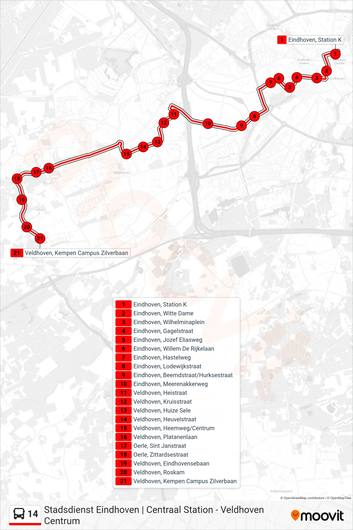 Lijn 14 (bus, Veldhoven Zilverackers): route en haltes op de kaart