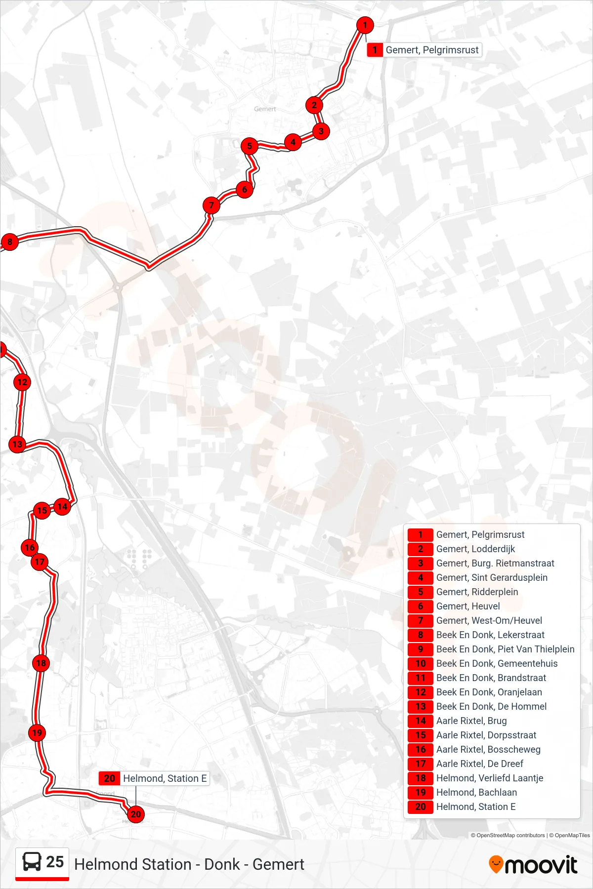 Lijn 25 (bus, Helmond Station): route en haltes op de kaart