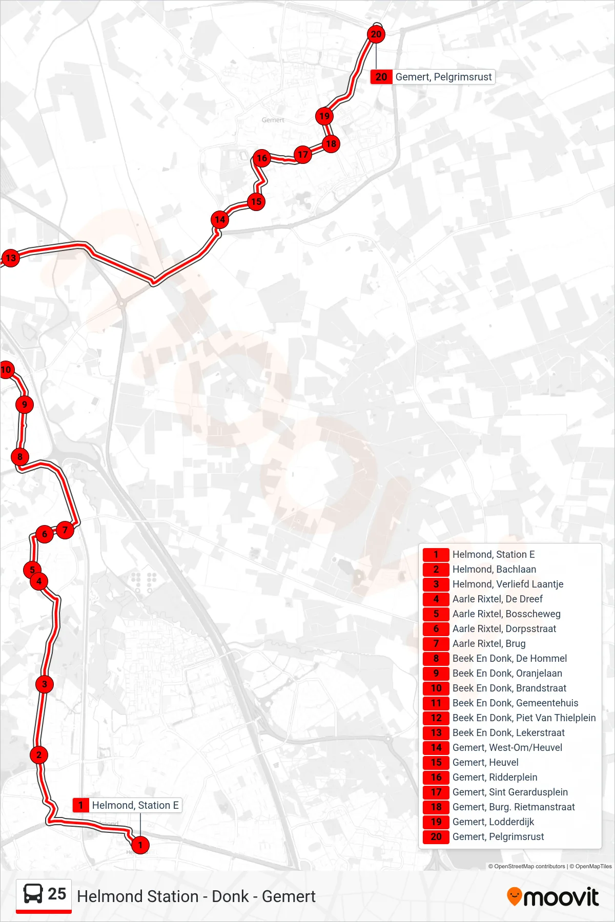 Lijn 25 (bus, Gemert Pelgrimsrust): route en haltes op de kaart