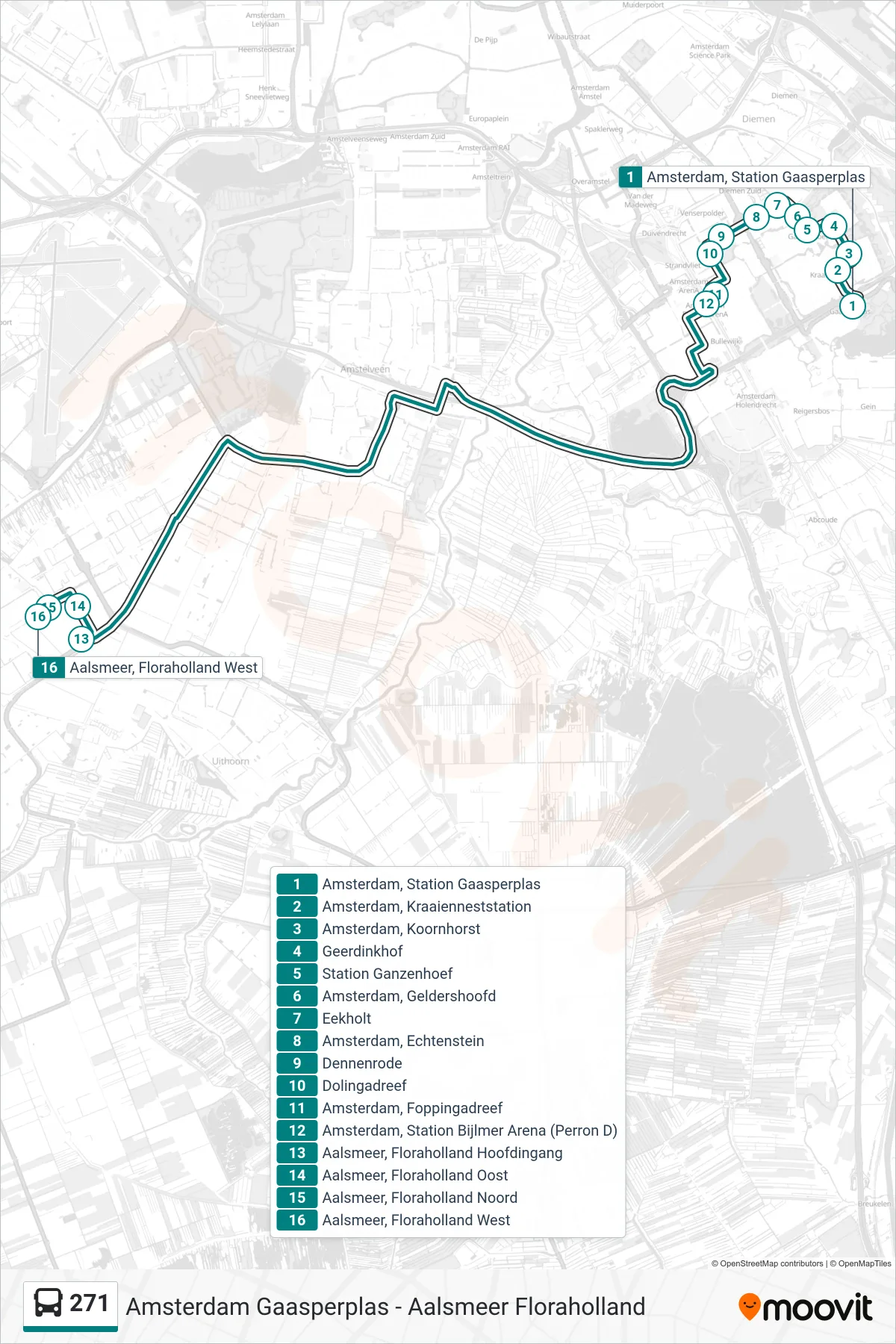 Lijn 271 (bus, Aalsmeer Floraholland): route en haltes op de kaart