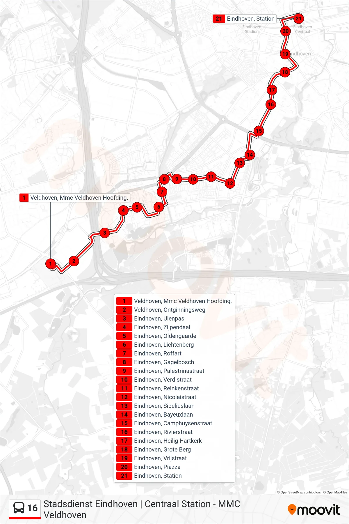 Lijn 16 (bus, Eindhoven Station): route en haltes op de kaart