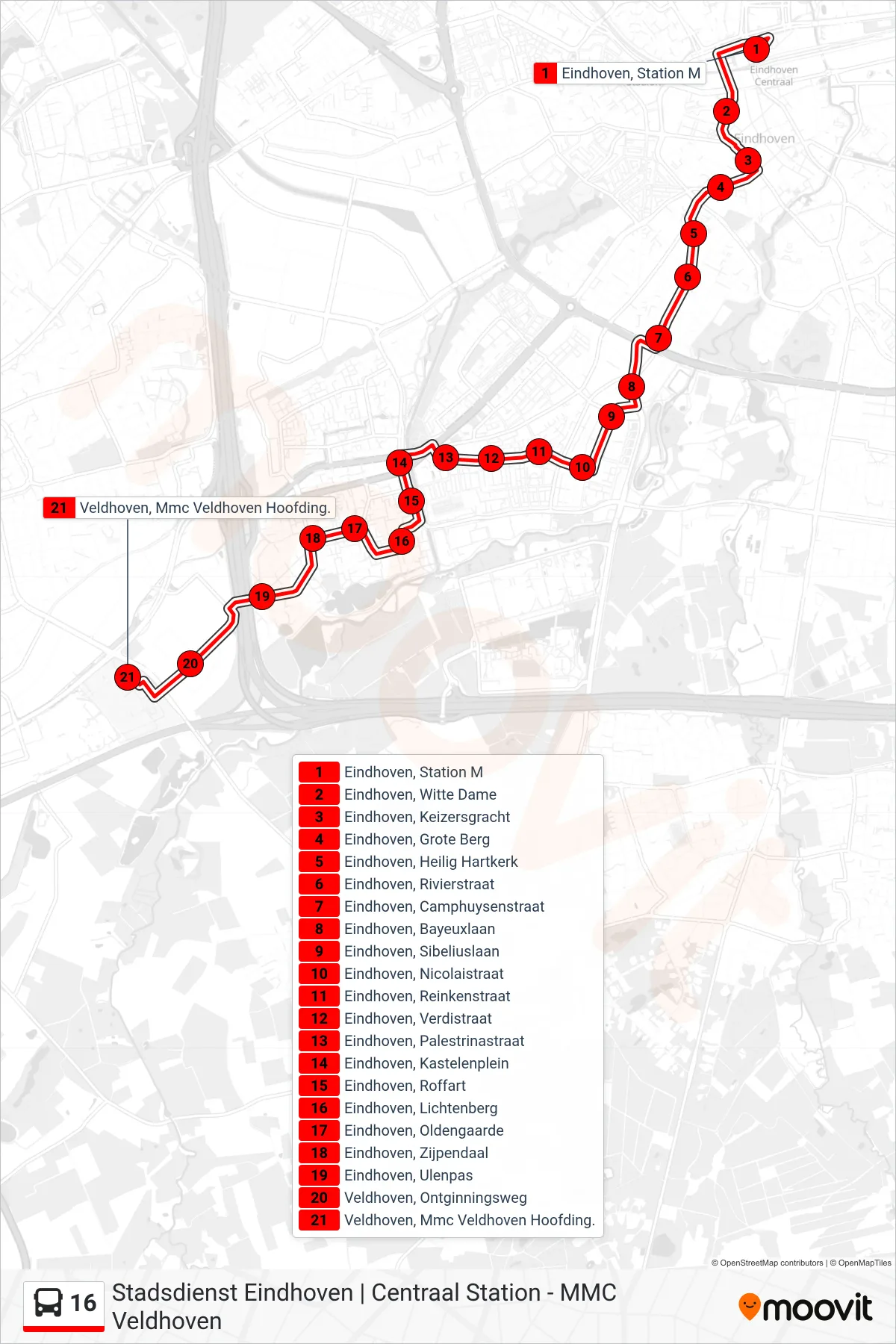 Lijn 16 (bus, Veldhoven Mmc): route en haltes op de kaart