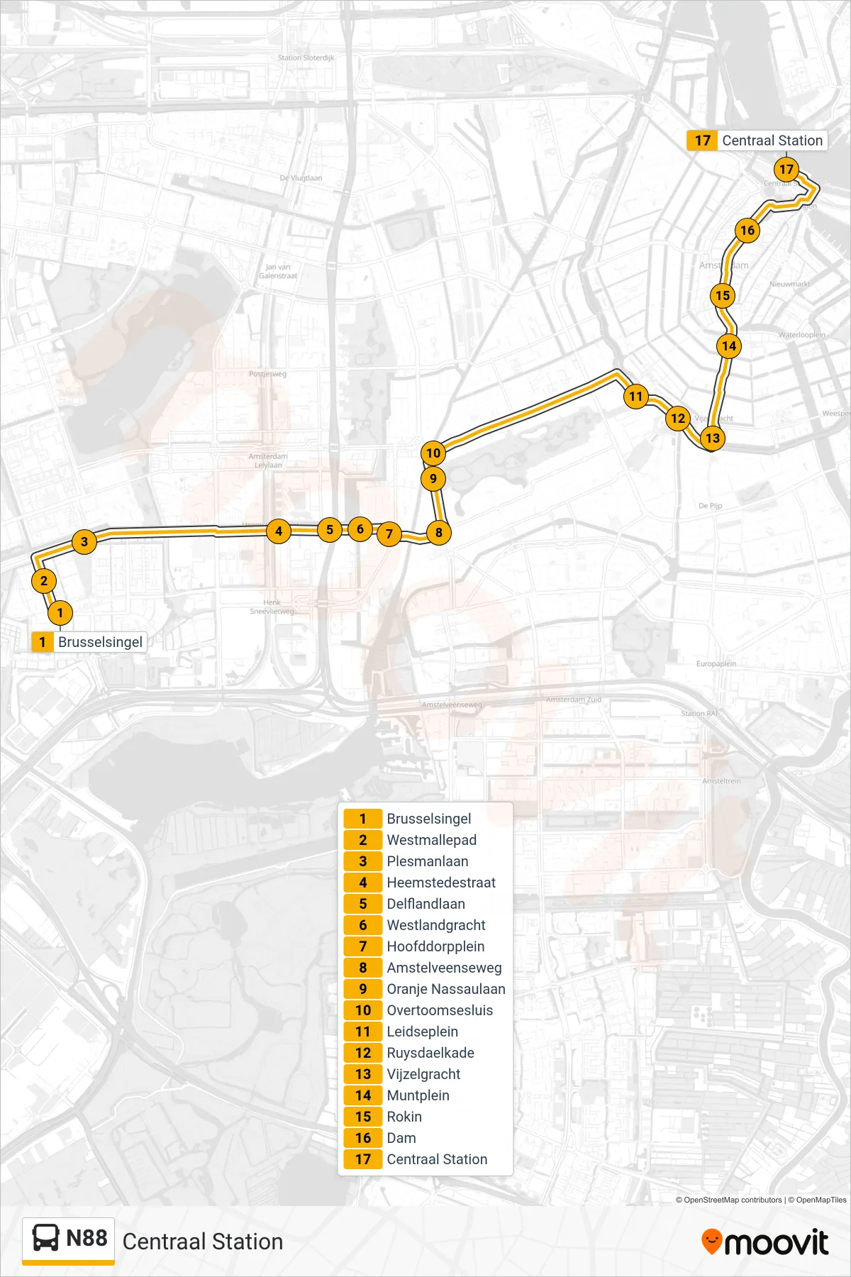 N88 bus Line (Centraal Station) route and stops on a map