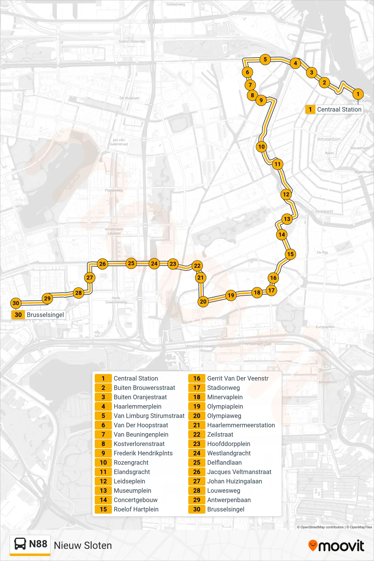 Lijn N88 (bus, Nieuw Sloten): route en haltes op de kaart
