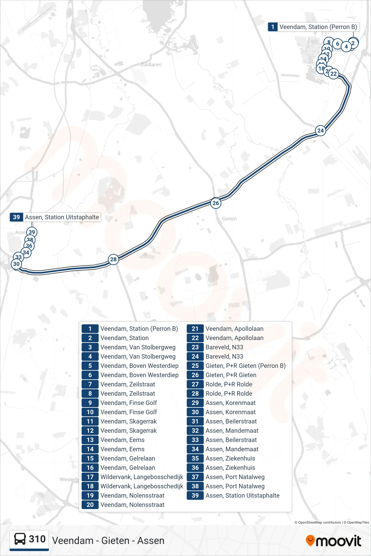 Lijn 310 (bus, Assen): route en haltes op de kaart