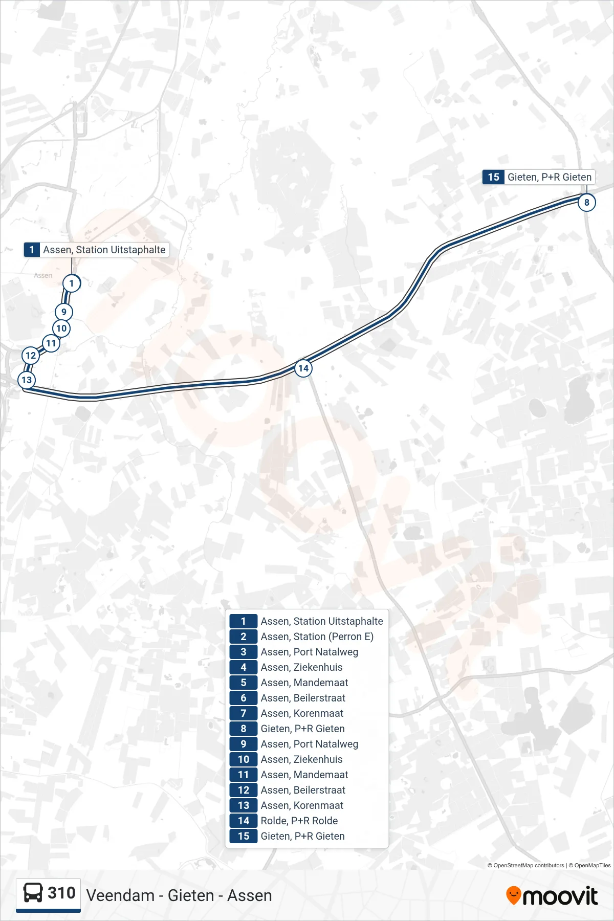 Lijn 310 (bus, P+R Gieten): route en haltes op de kaart