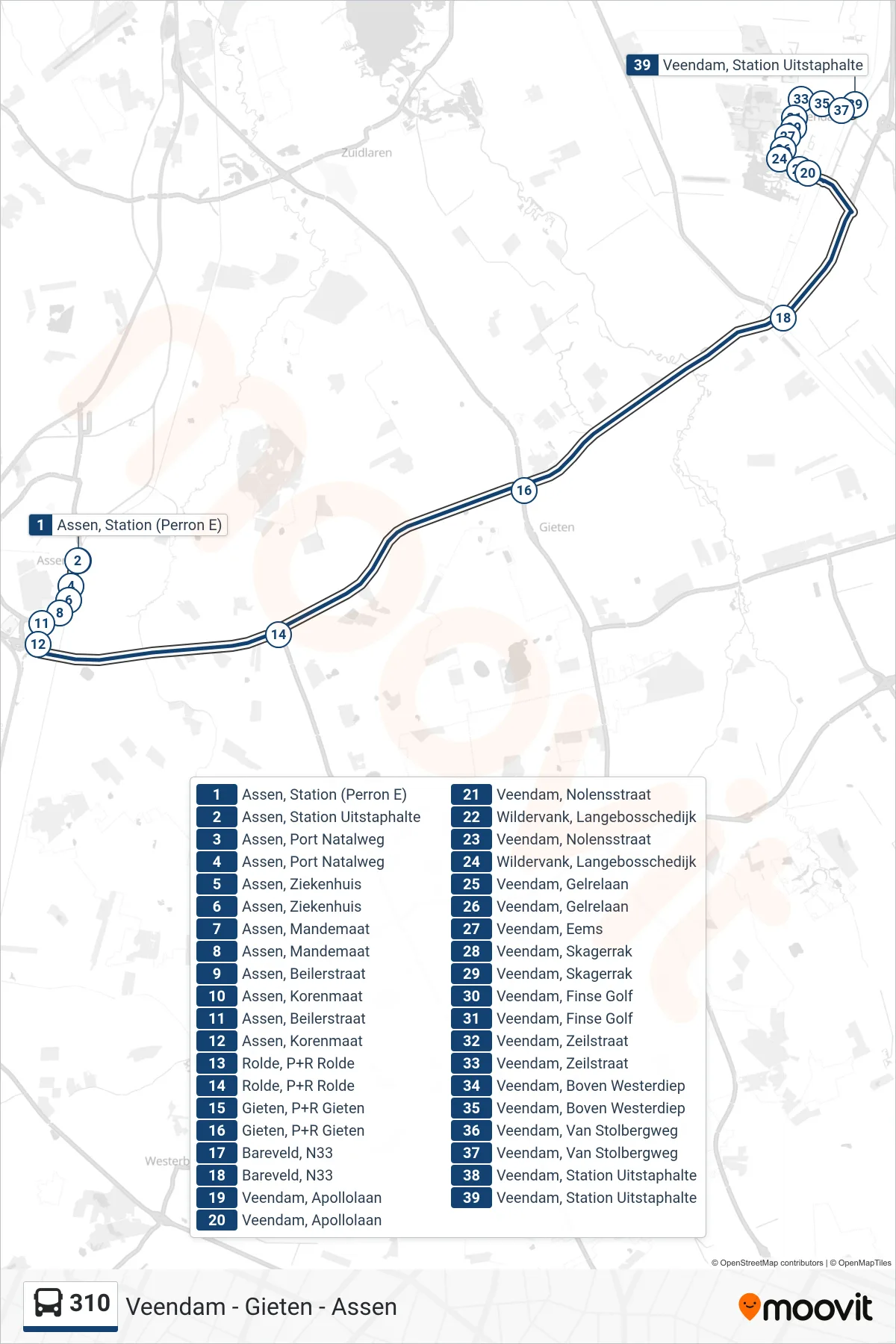Lijn 310 (bus, Veendam): route en haltes op de kaart
