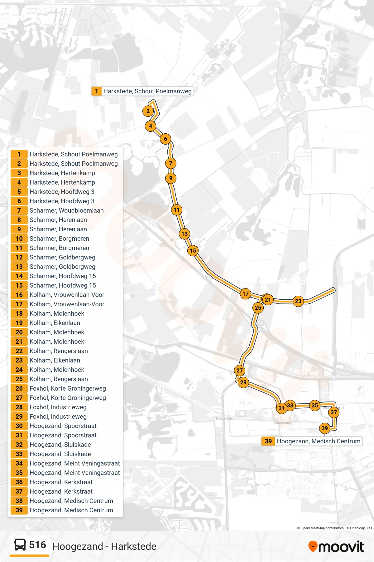 Lijn 516 (bus, Hoogezand): route en haltes op de kaart
