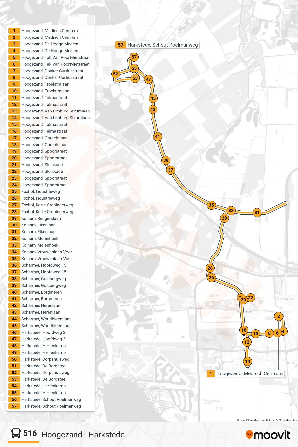 Lijn 516 (bus, Harkstede): route en haltes op de kaart