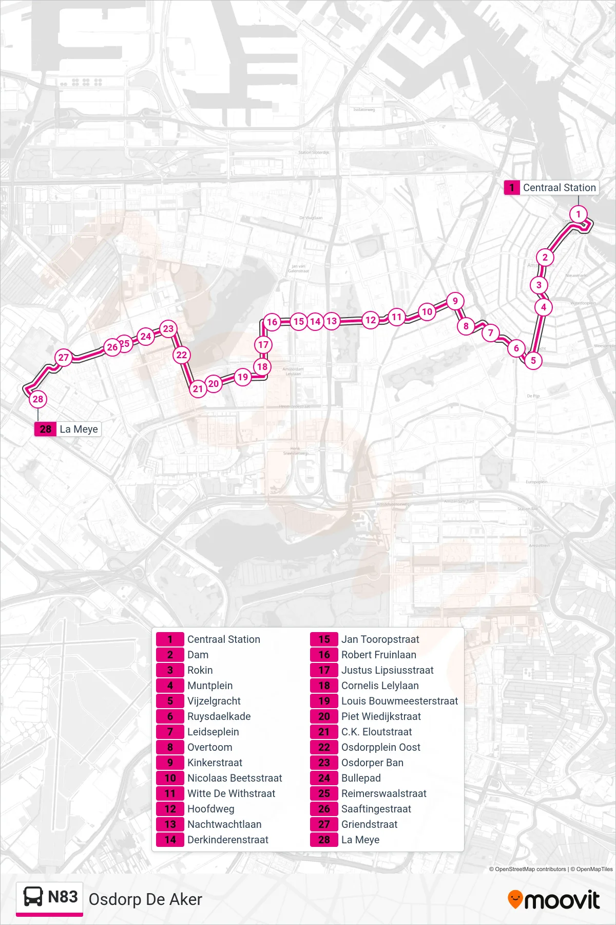 Lijn N83 (bus, Osdorp De Aker): route en haltes op de kaart