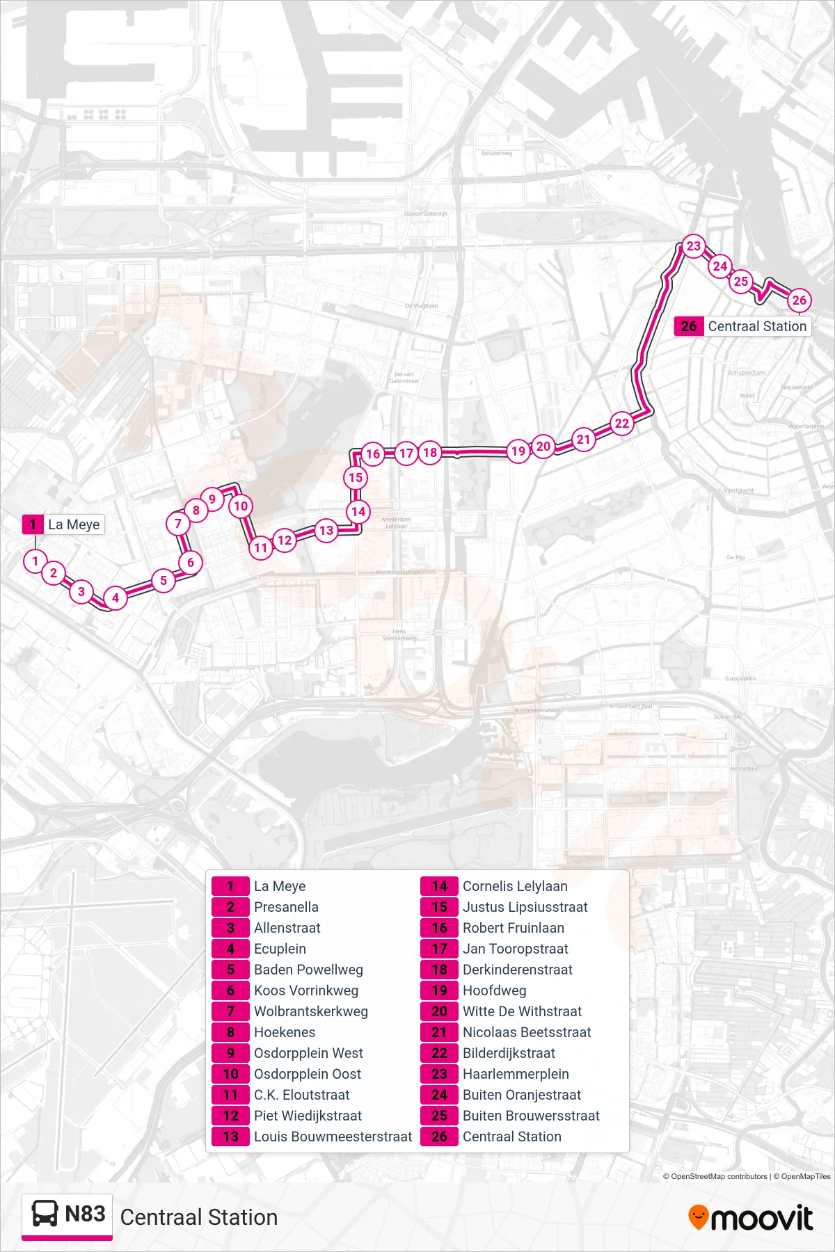 N83 bus Line (Centraal Station) route and stops on a map