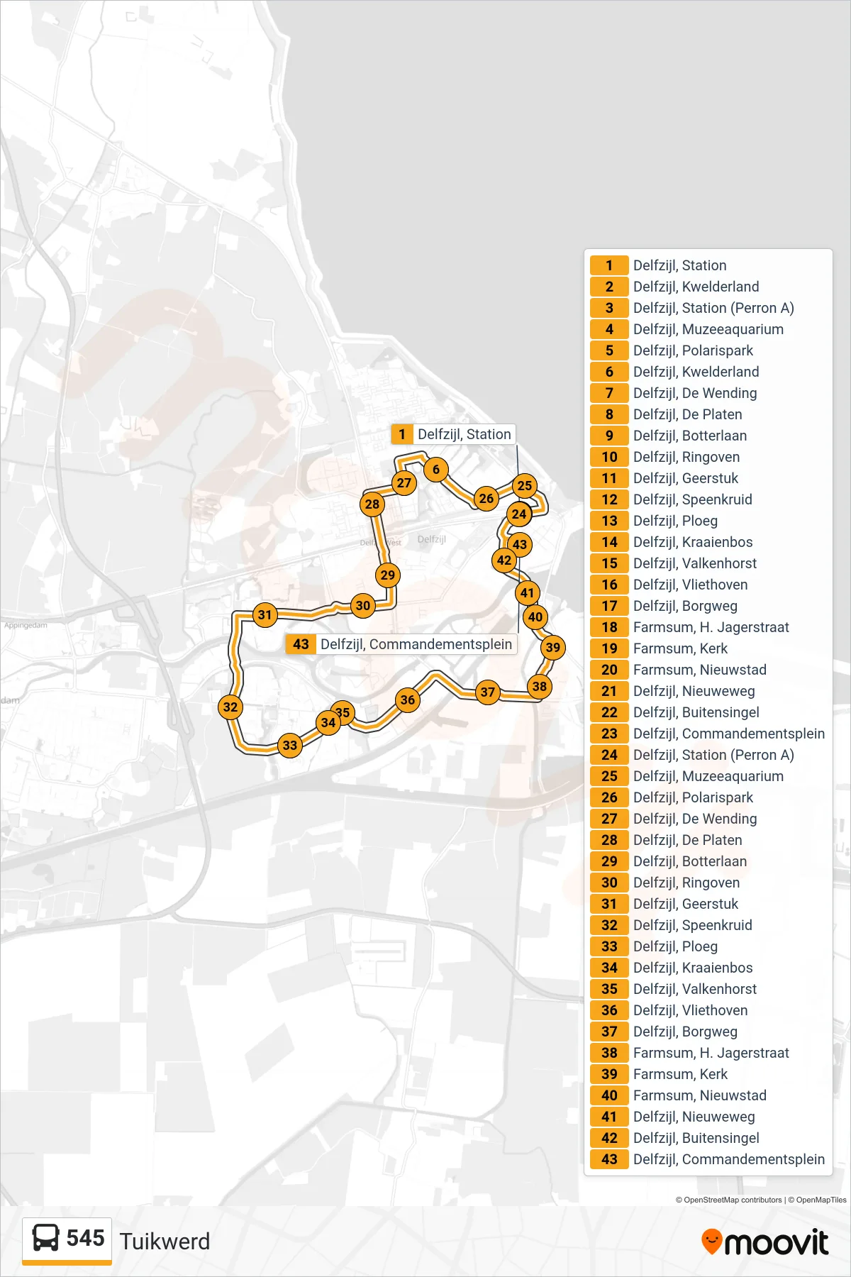 Lijn 545 (bus, Tuikwerd): route en haltes op de kaart