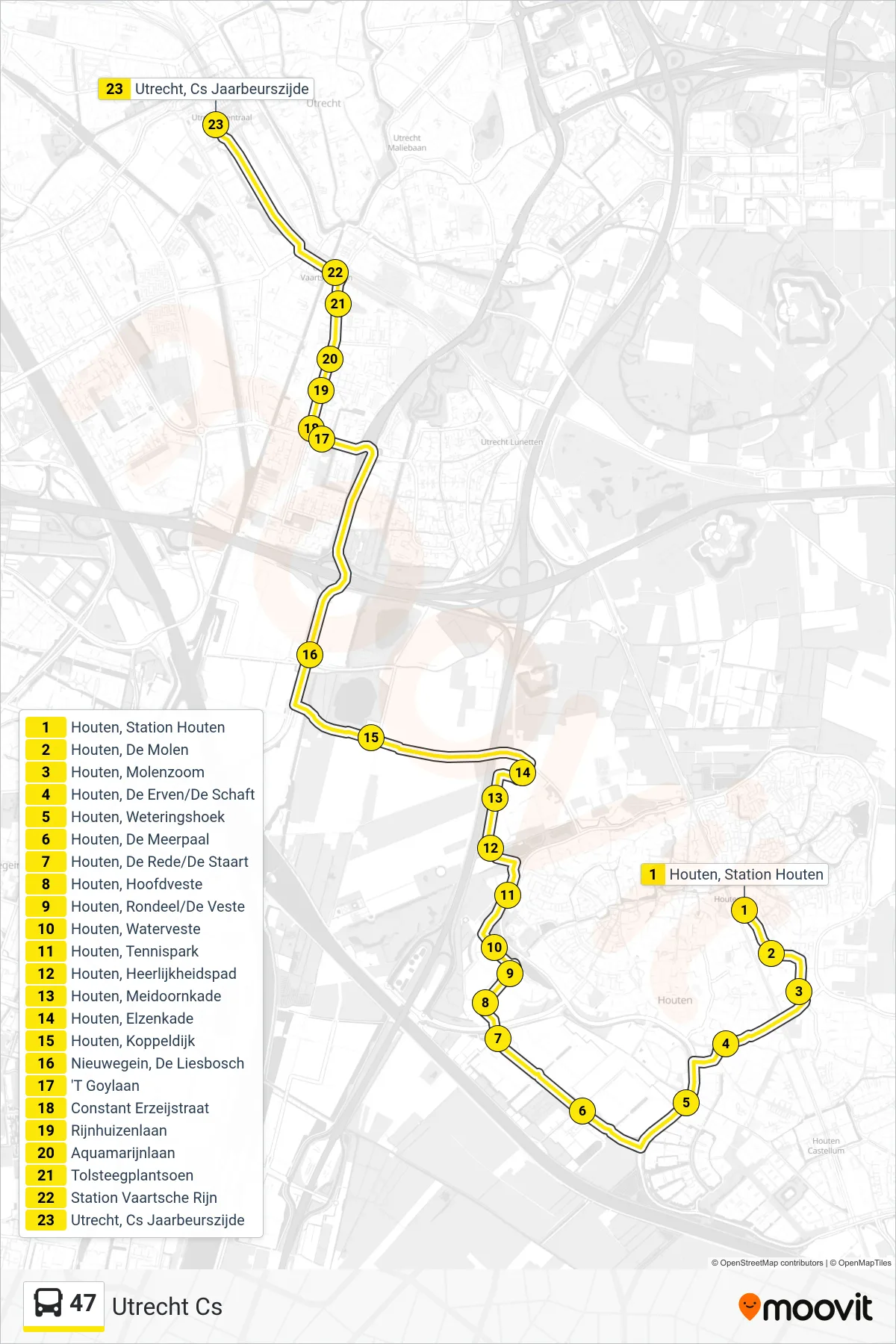 Lijn 47 (bus, Utrecht Cs): route en haltes op de kaart
