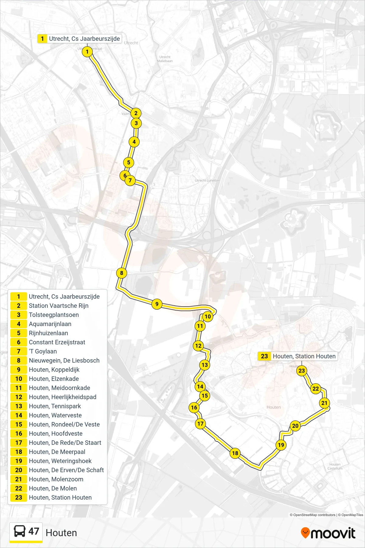 Lijn 47 (bus, Houten): route en haltes op de kaart