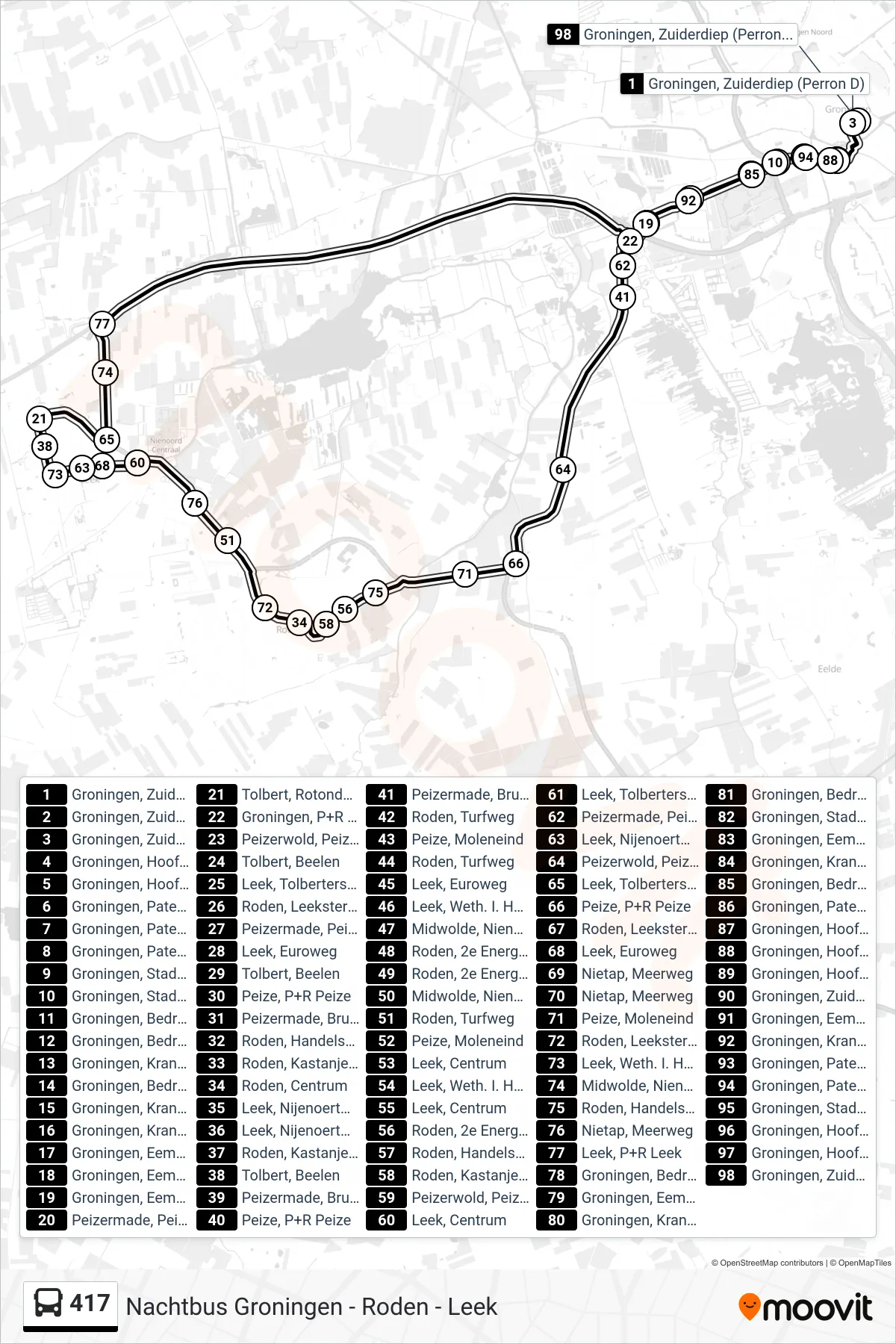Lijn 417 (bus, Leek Via Roden): route en haltes op de kaart