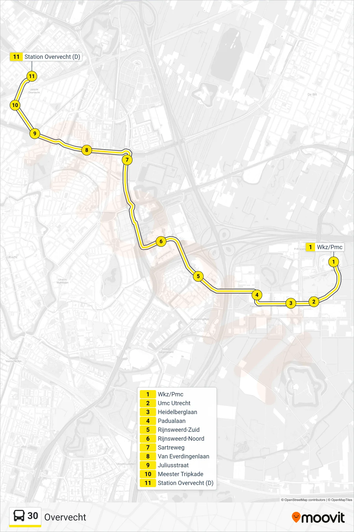 Lijn 30 (bus, Overvecht): route en haltes op de kaart