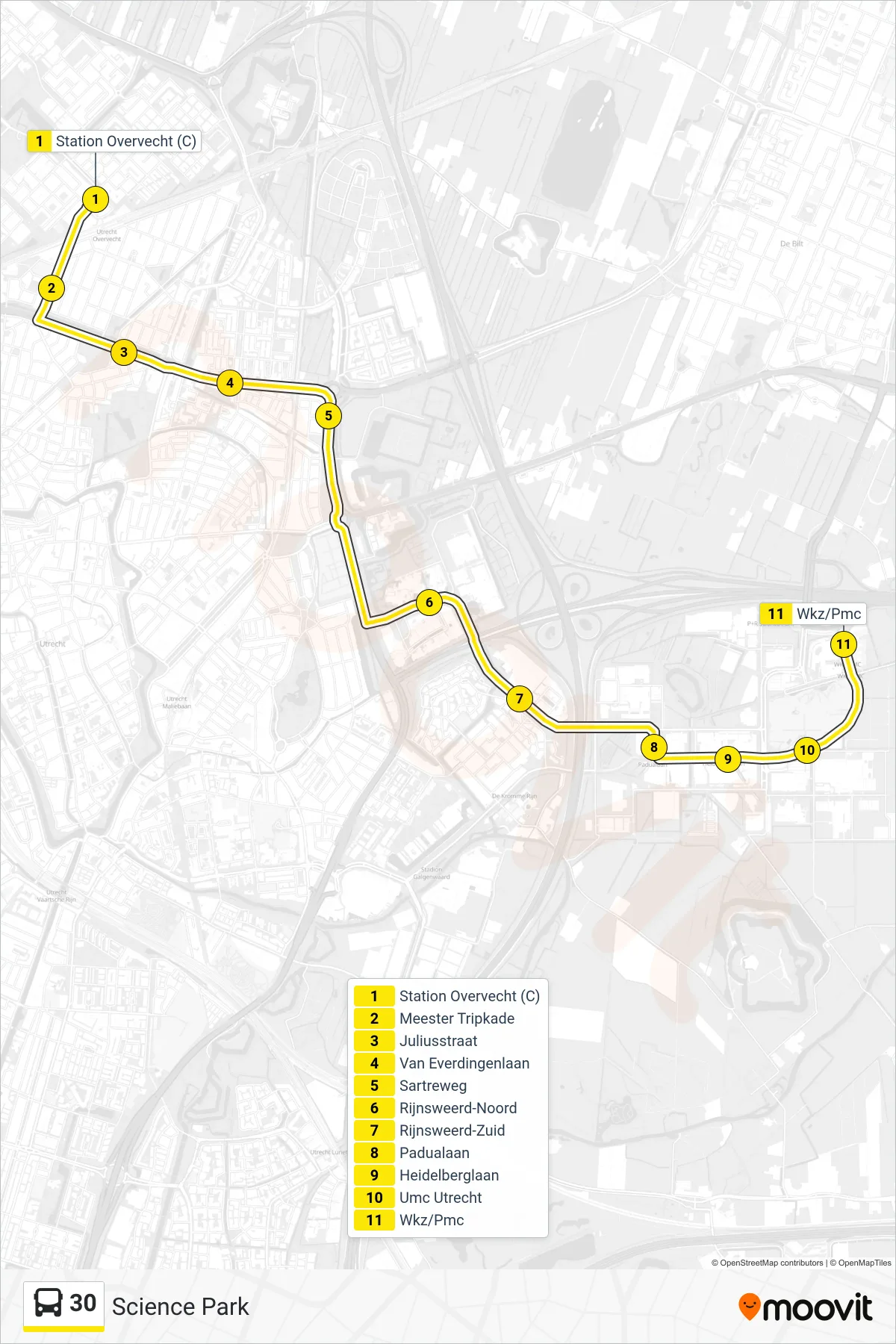 Lijn 30 (bus, Science Park): route en haltes op de kaart
