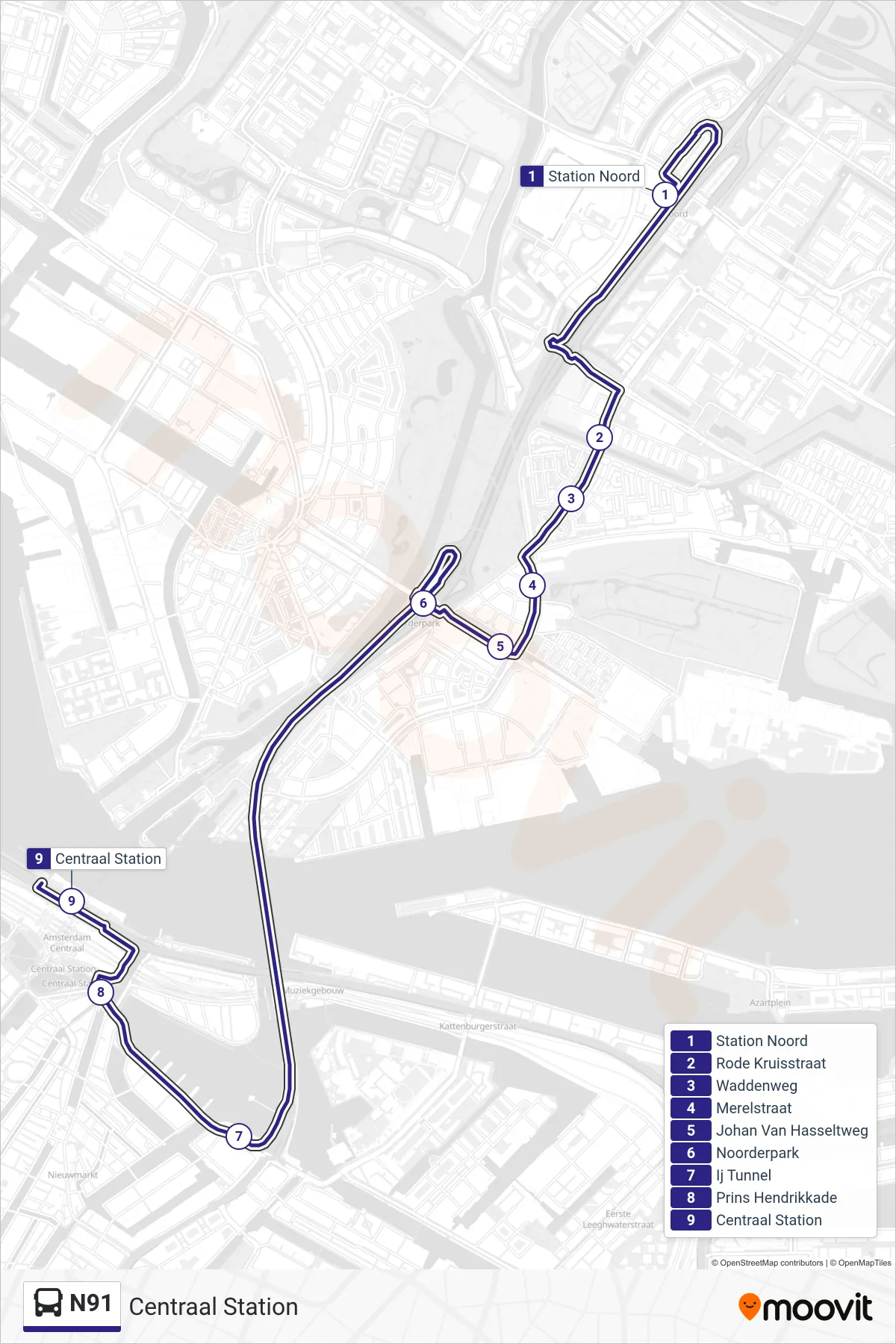 Lijn N91 (bus, Centraal Station): route en haltes op de kaart