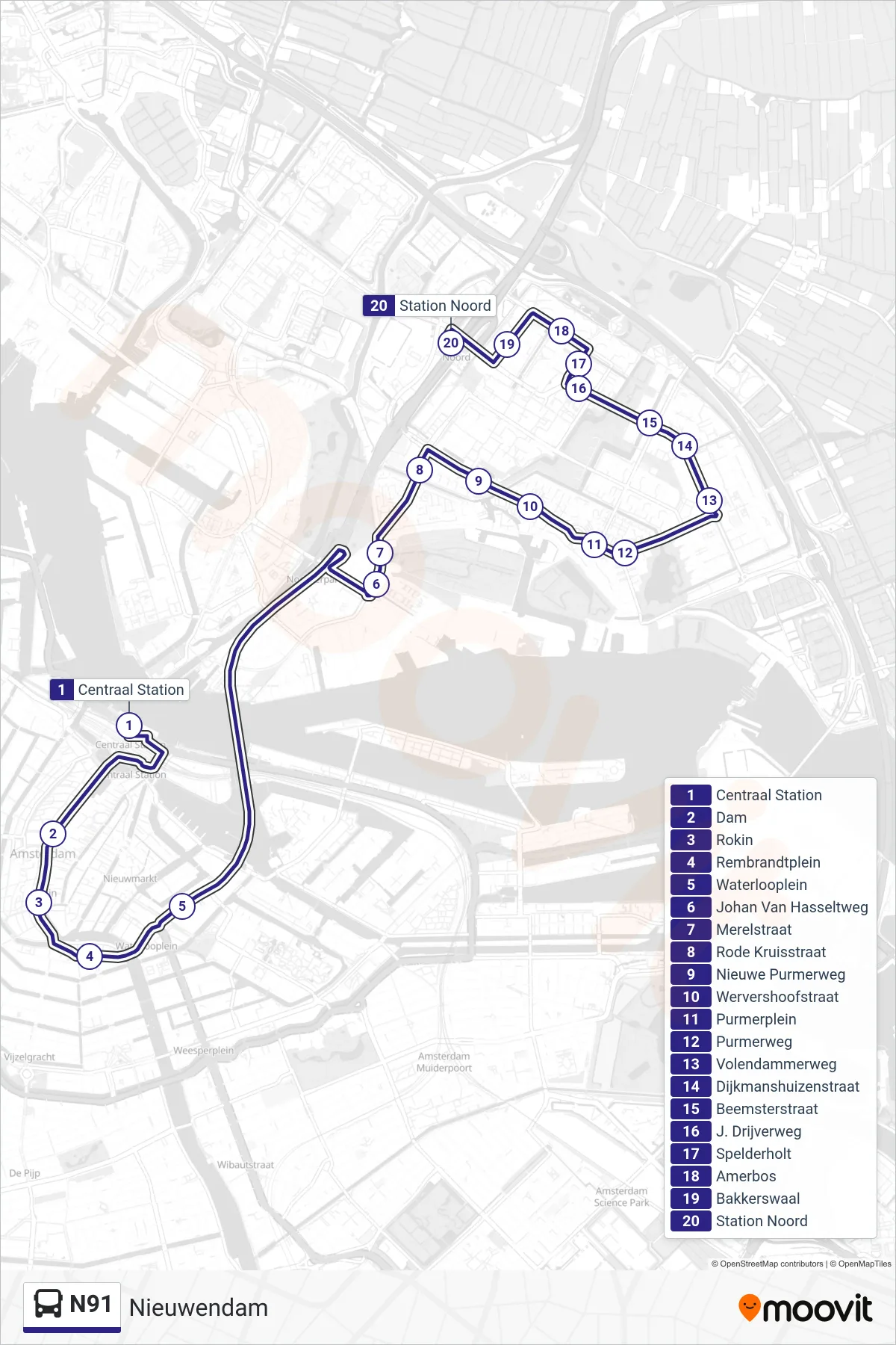 Lijn N91 (bus, Nieuwendam): route en haltes op de kaart