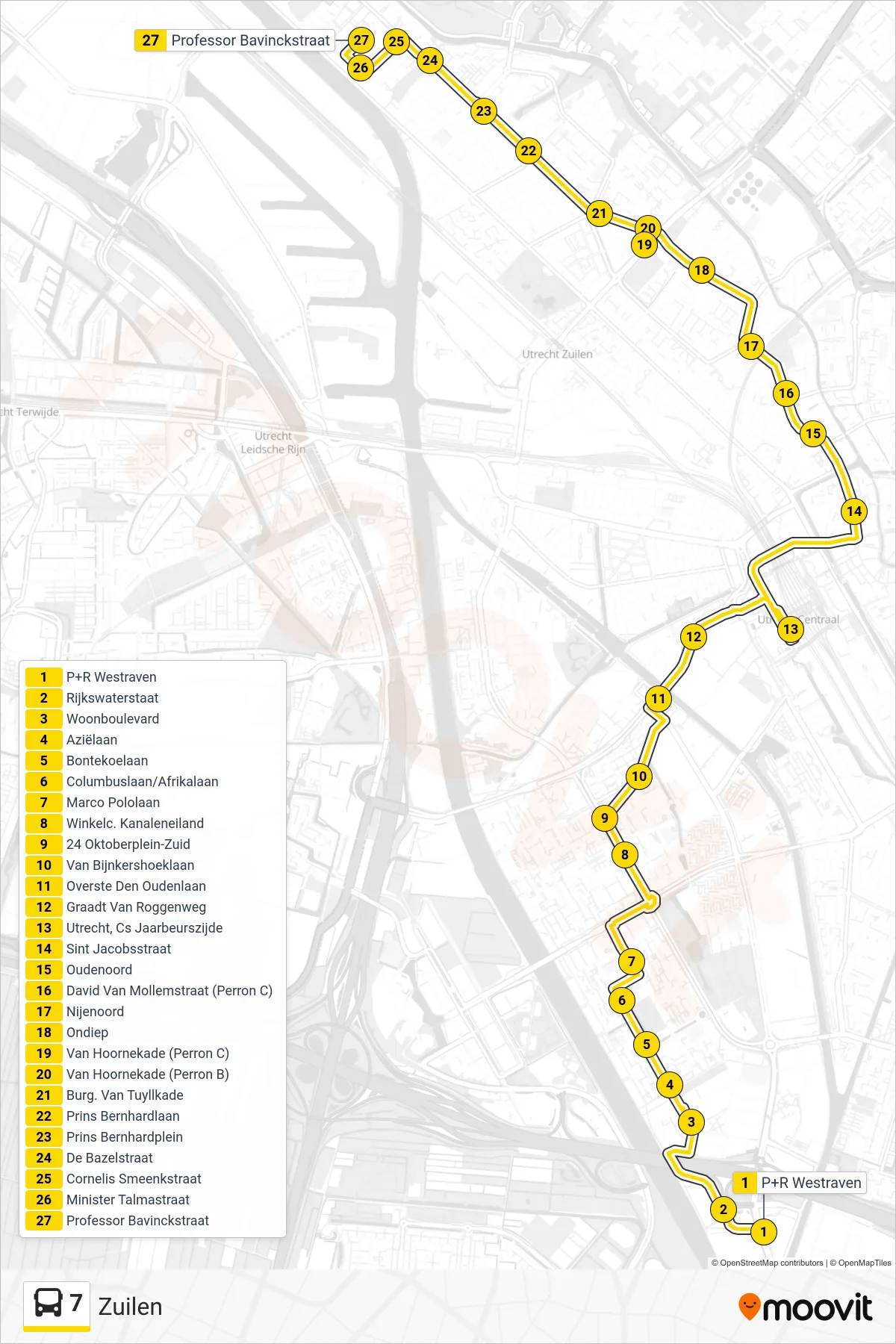 7 bus Line (Zuilen) route and stops on a map