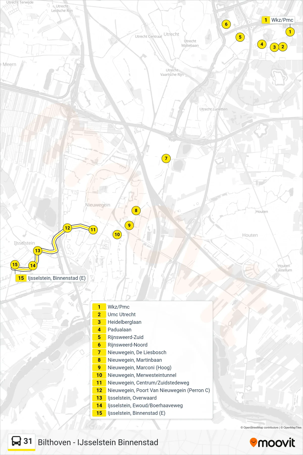 Lijn 31 (bus, Ijsselstein): route en haltes op de kaart